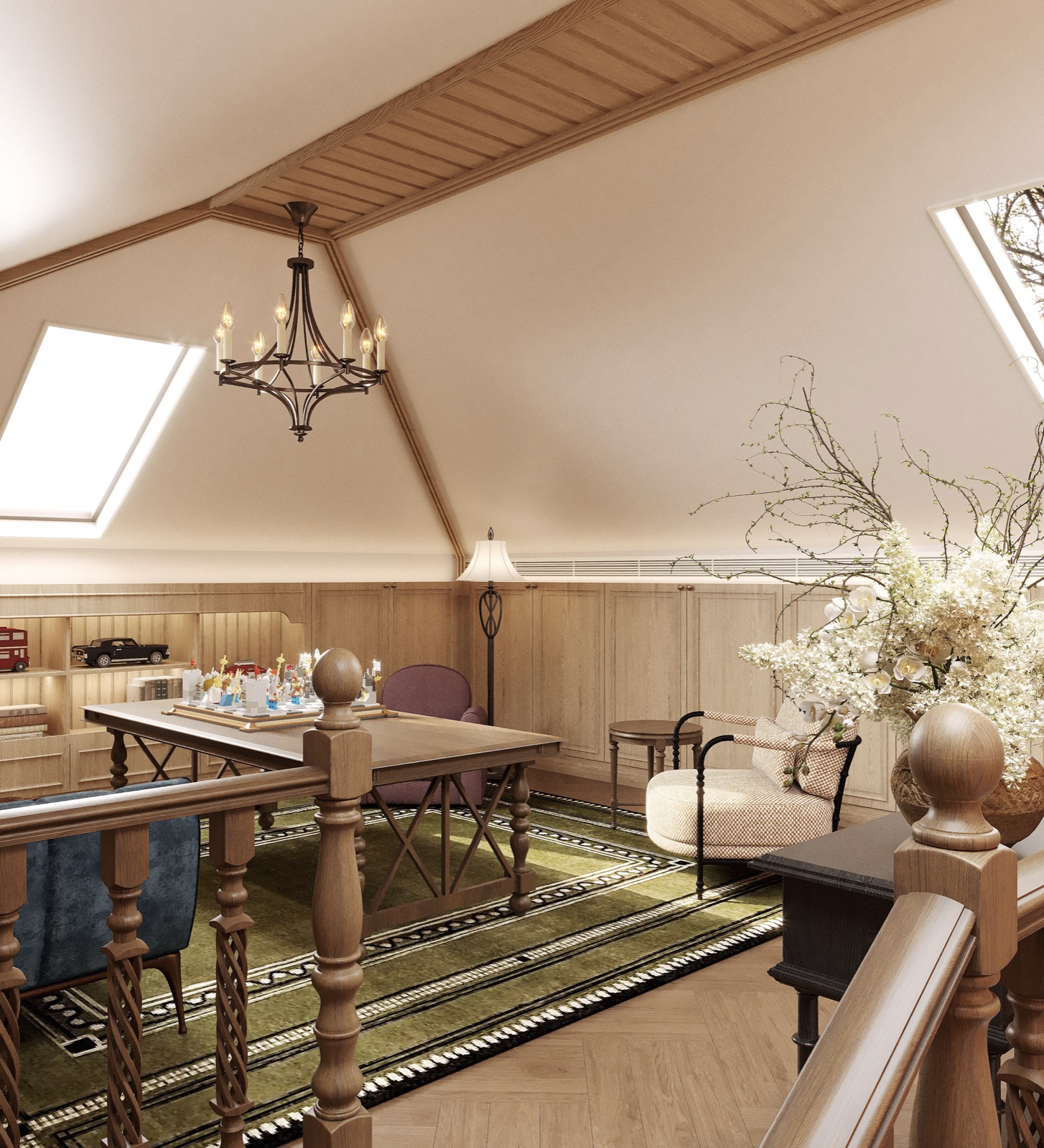 Attic family room under the timber rafters with skylights and iron chandelier