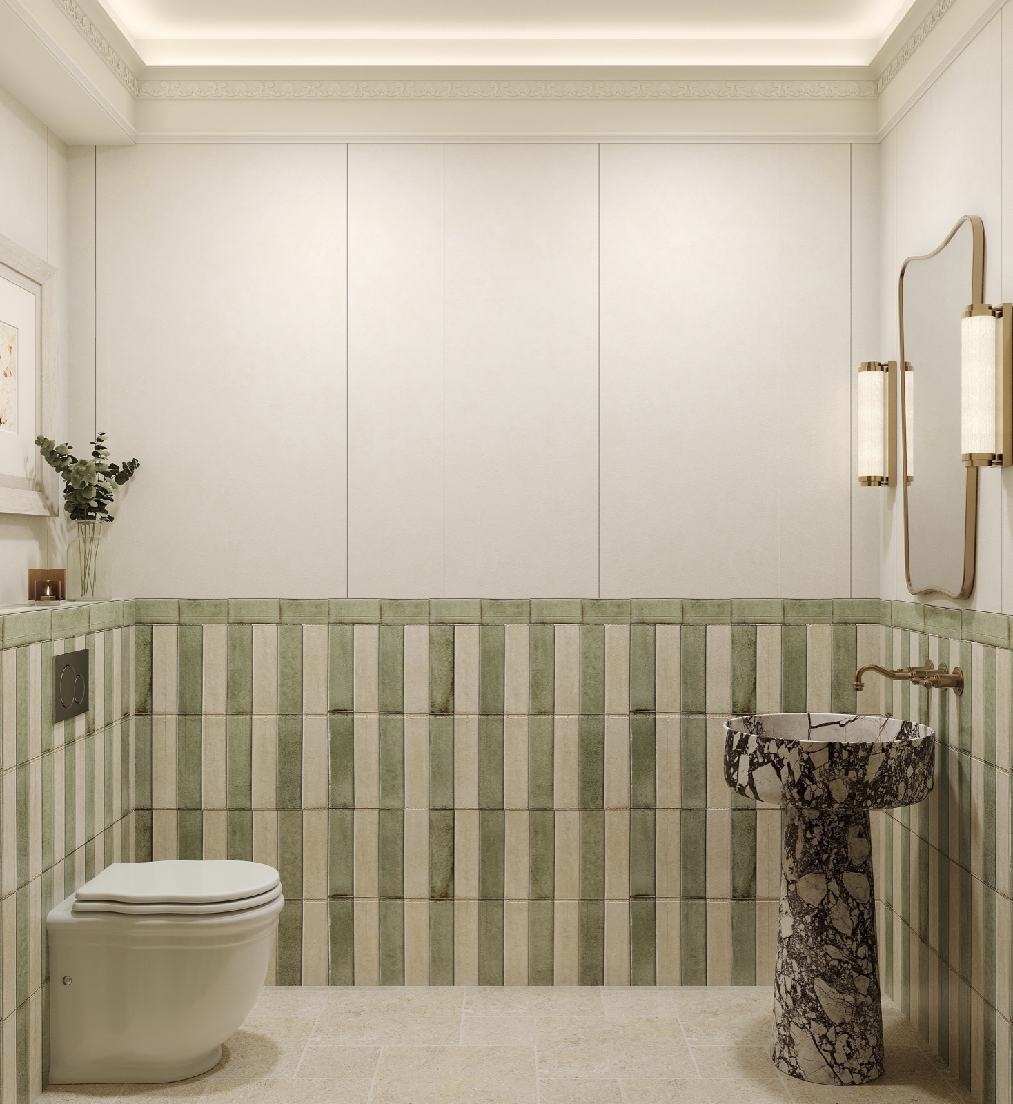 Powder room with green and ivory hand-glazed tiles and marble pedestal basin