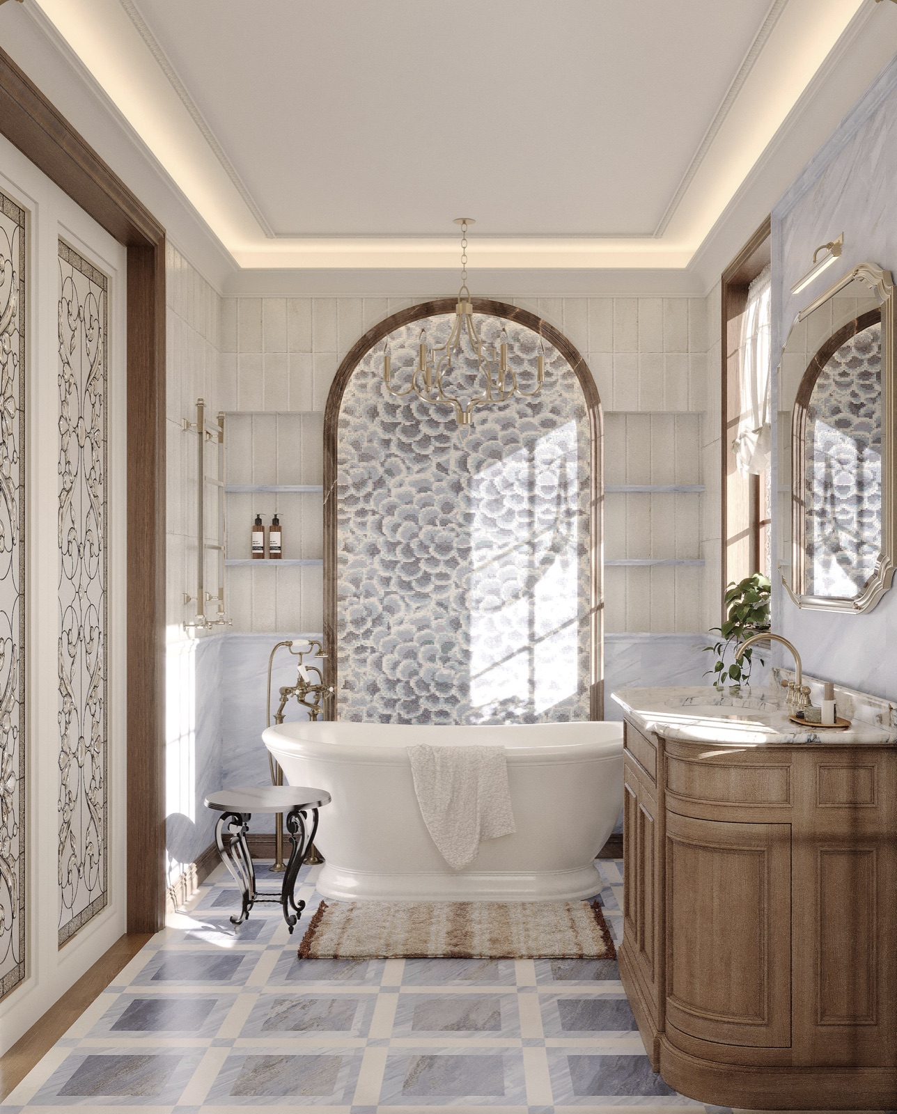 Bathroom with arched mosaic niche, claw-foot bathtub and stained-glass door