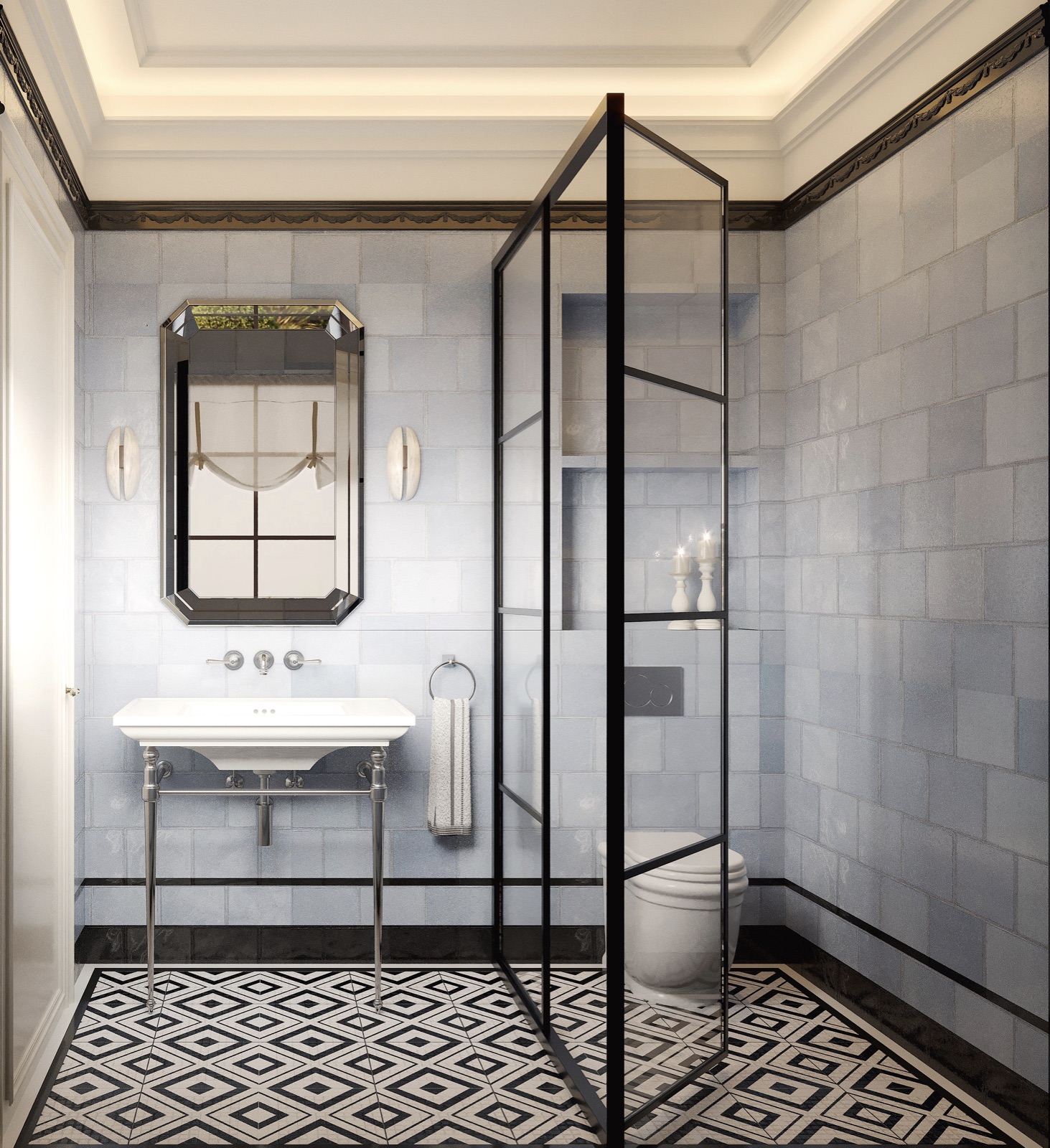 Bathroom with black-frame shower screen, geometric floor tiles and high-leg basin