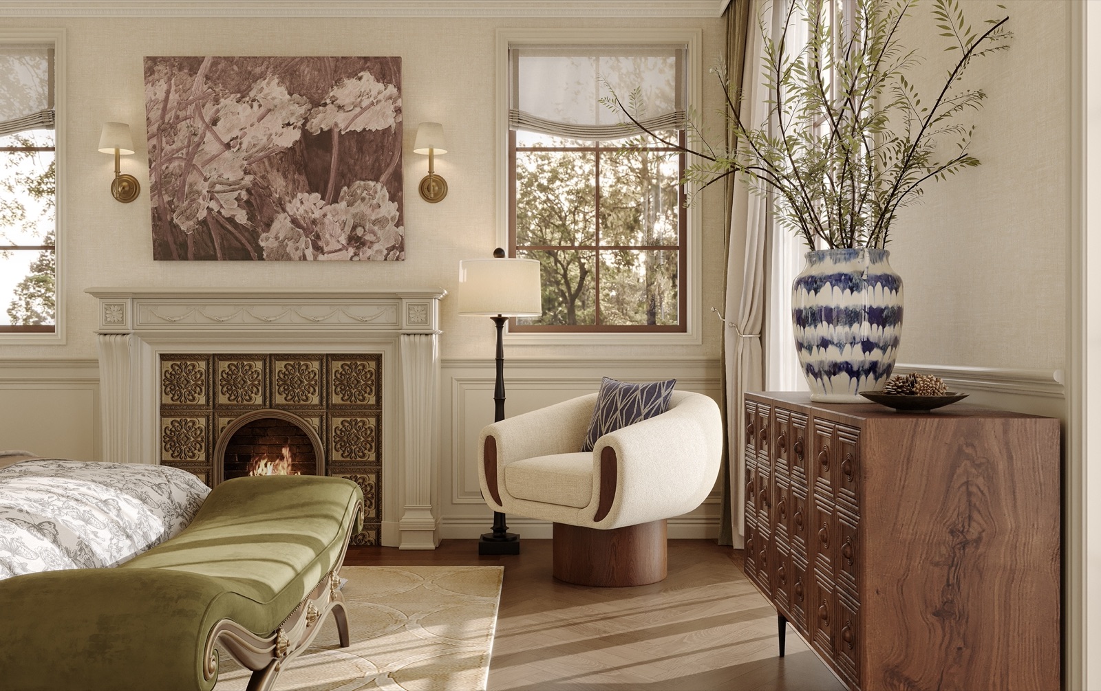 Bedroom with marble fireplace, olive velvet chaise and blue-and-white porcelain