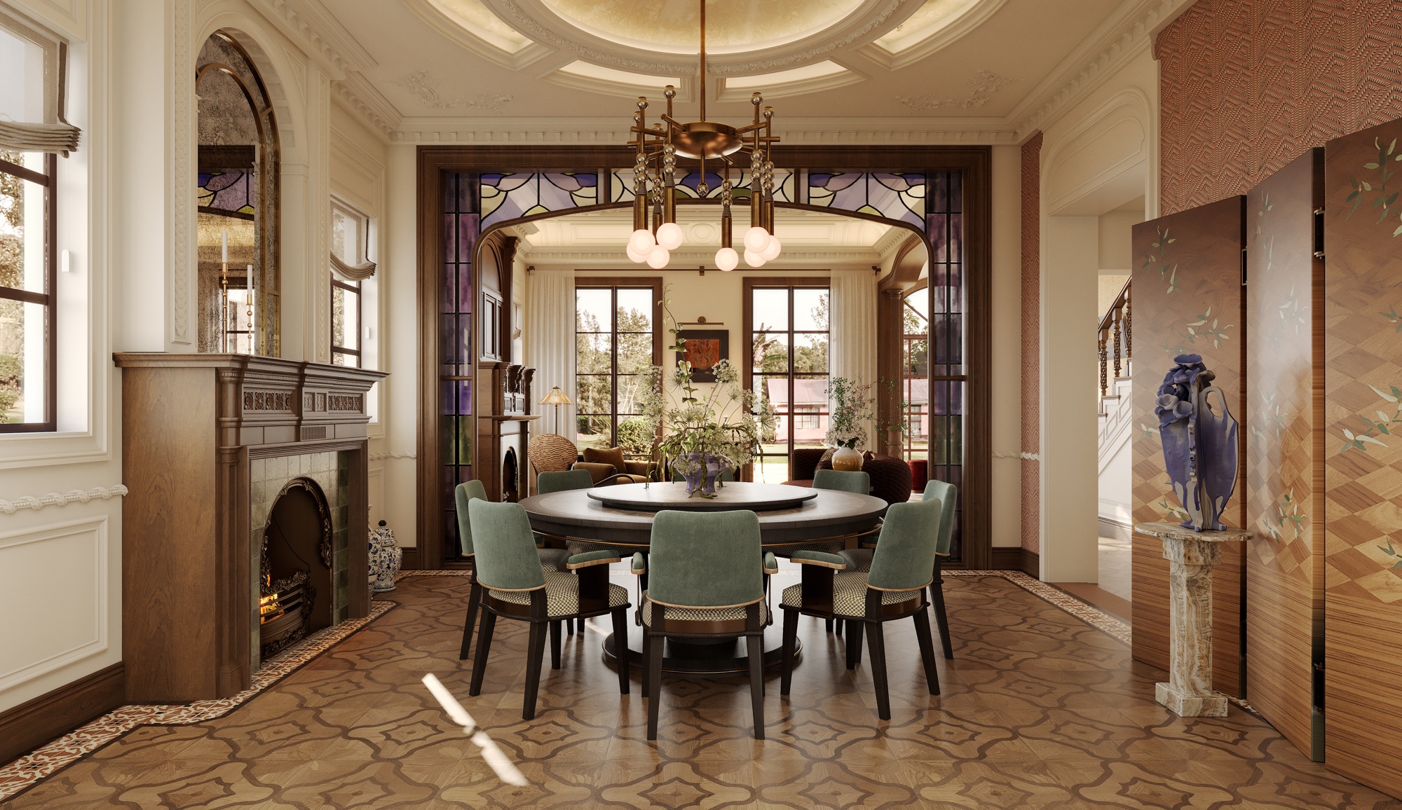 Dining room with round family table, stained-glass screen, antique fireplace and parquet floor