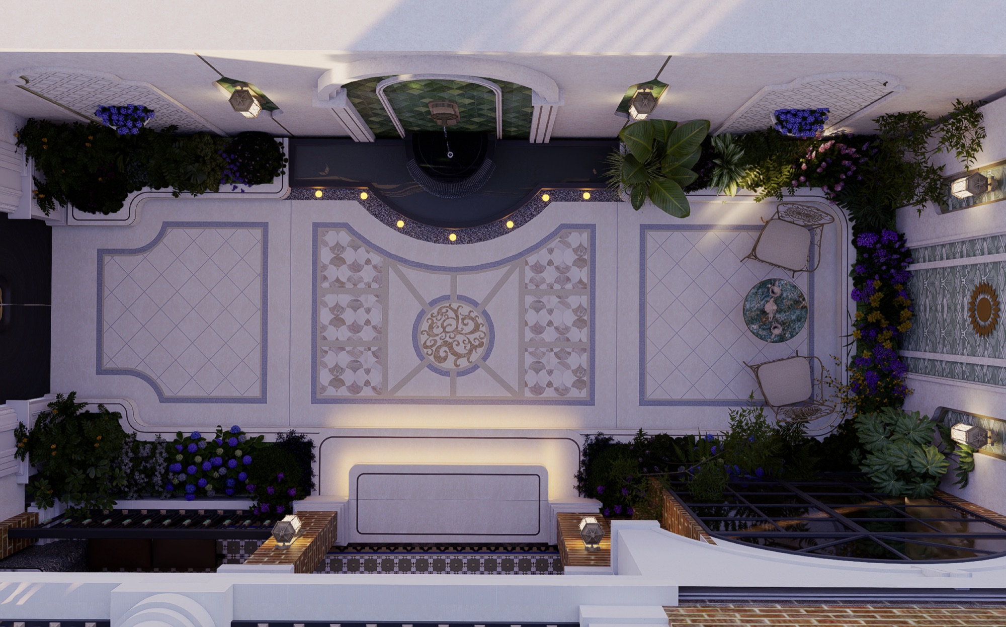 Walled courtyard laid out for tea, with mosaic fountain, cast-iron chairs and hydrangeas