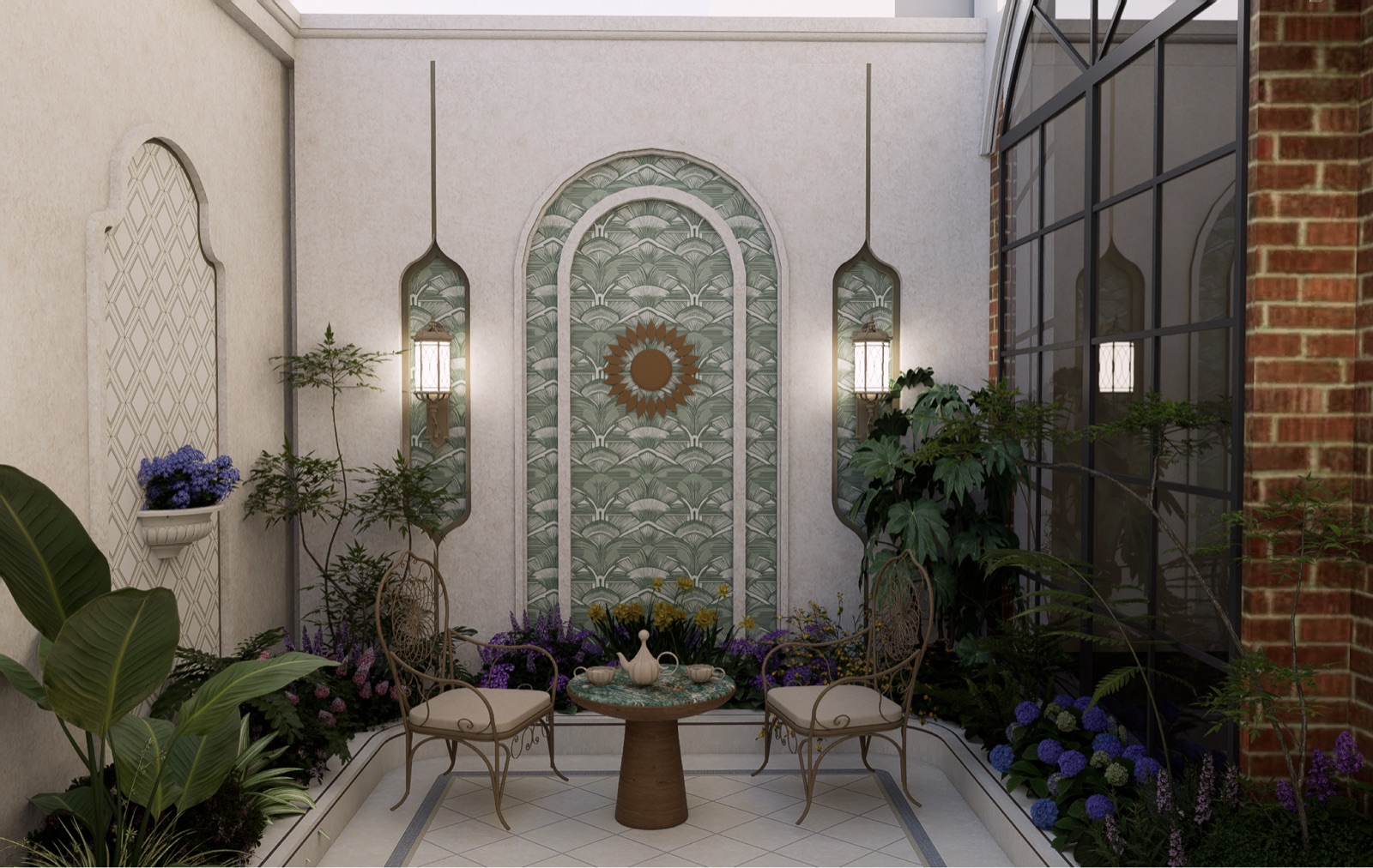 Overhead view of the courtyard with mosaic paving, fountain and planted borders