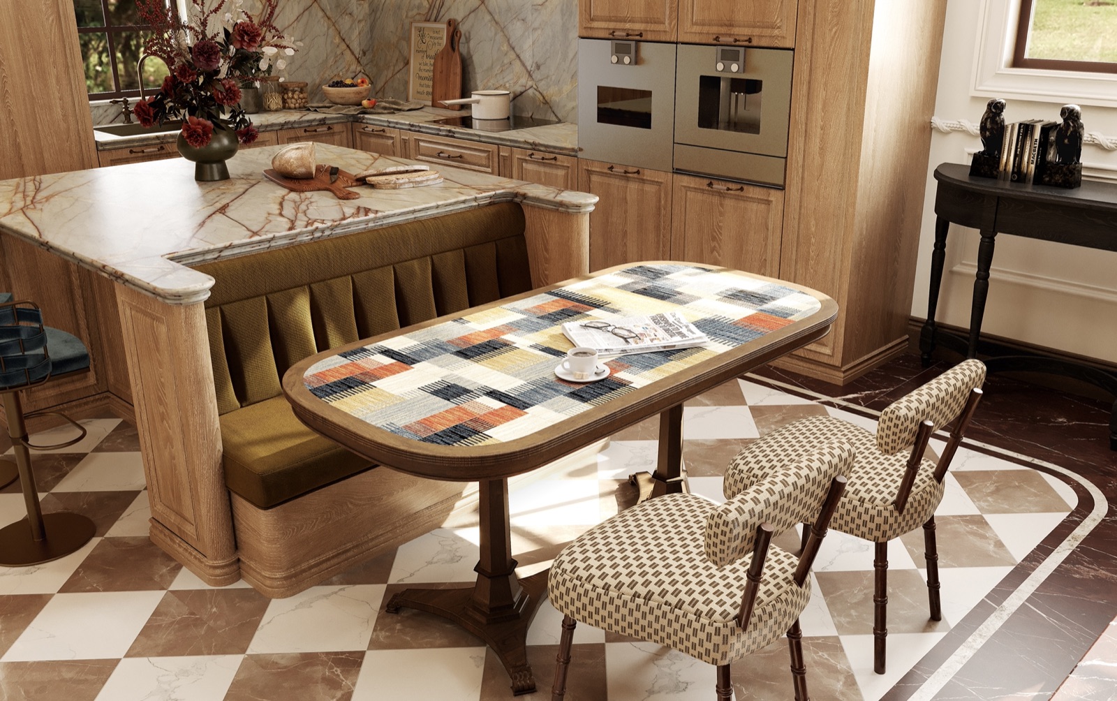 Kitchen with oak cabinetry, marble island, banquette breakfast nook and checkerboard floor