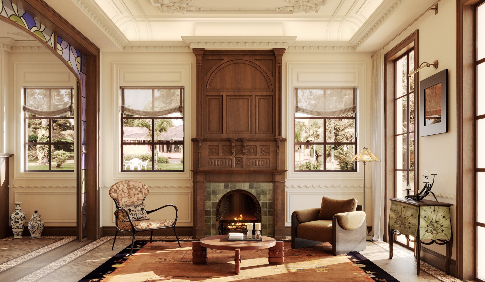 Wulumuqi Heritage Villa — living room with carved timber fireplace, moulded ceiling and stained-glass arch