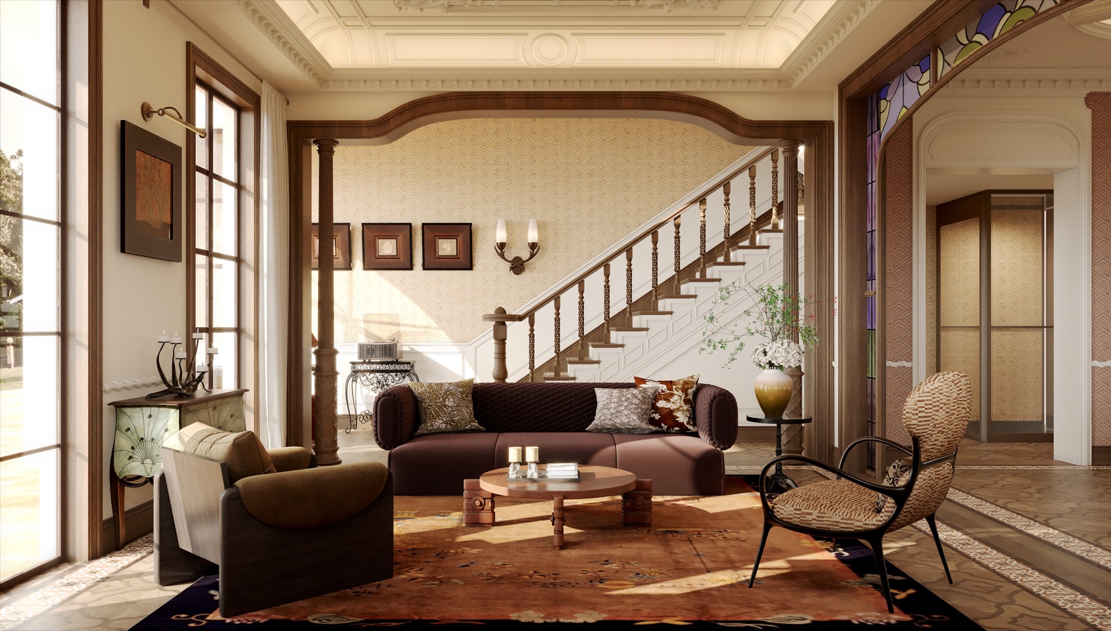 Living room looking towards the timber stair, stained-glass arch and rattan seating