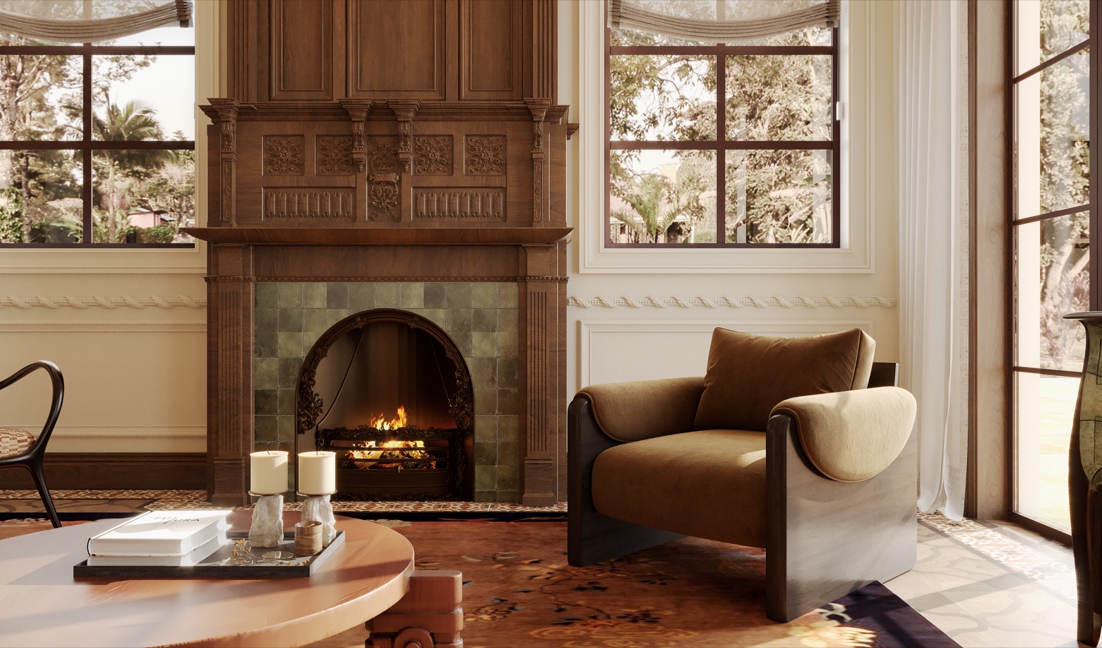 Close view of the carved timber fireplace with fire burning
