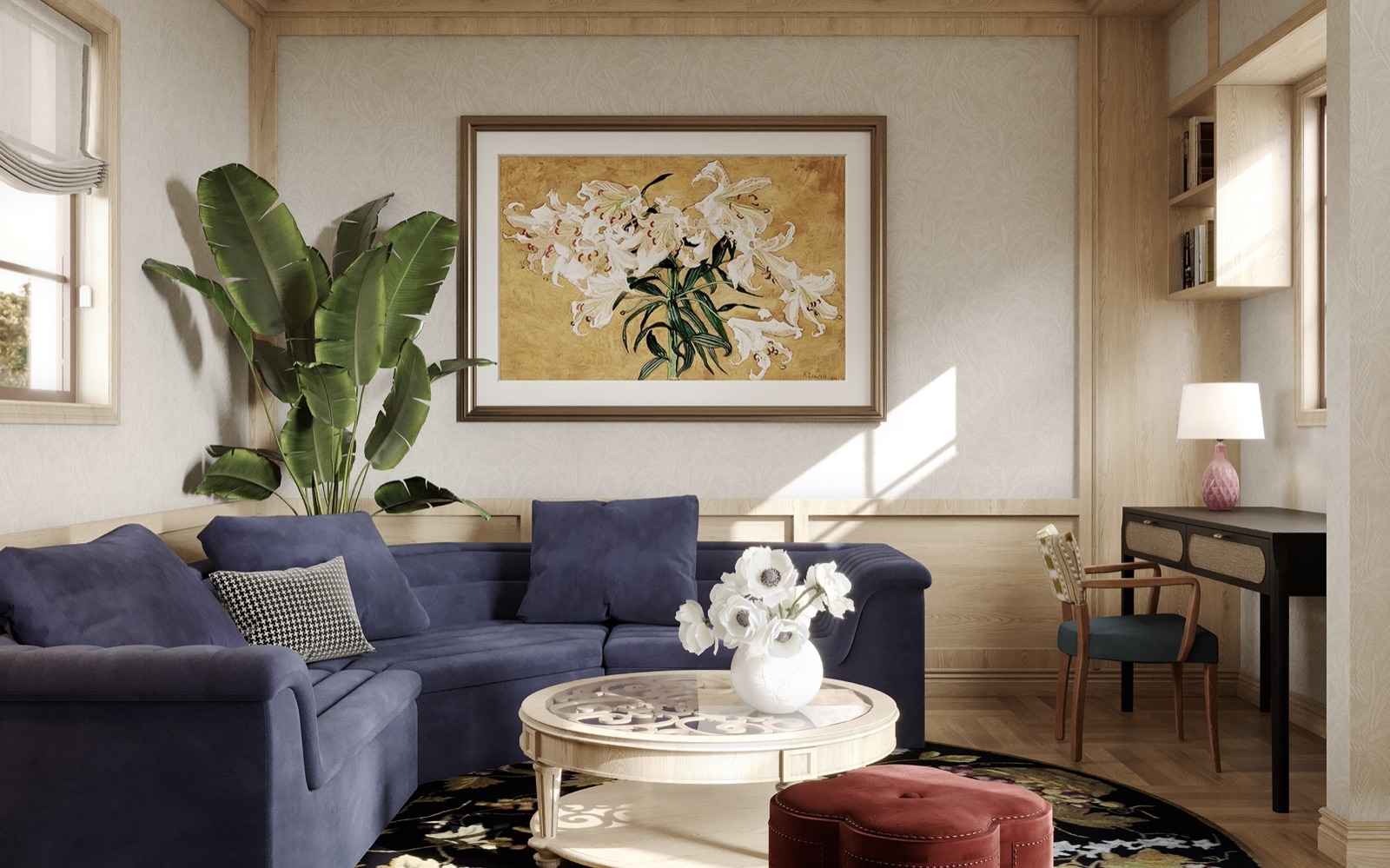 Family lounge with deep blue sectional sofa, gold floral painting and oak panelling