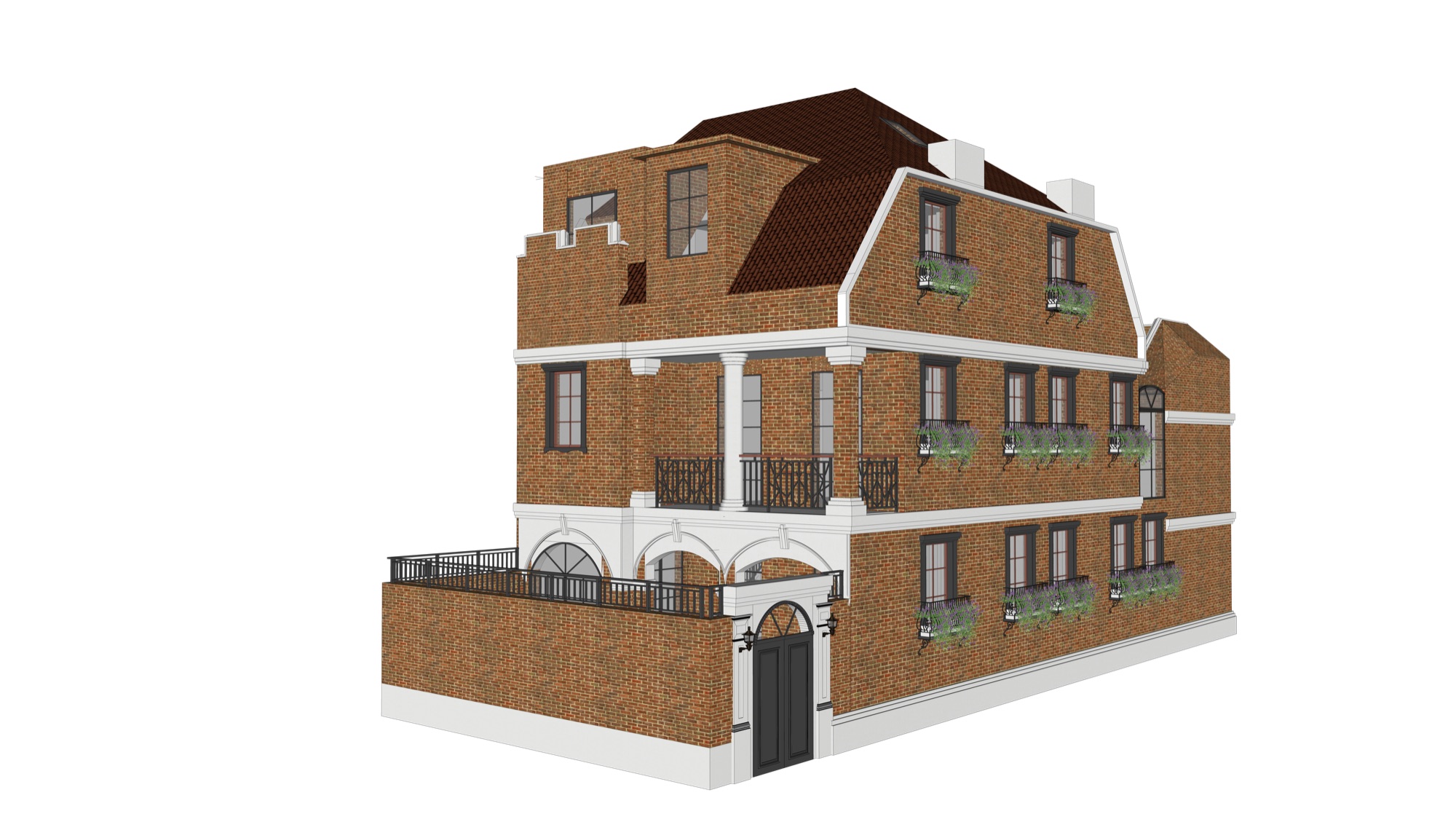 Axonometric massing model of the restored red-brick villa