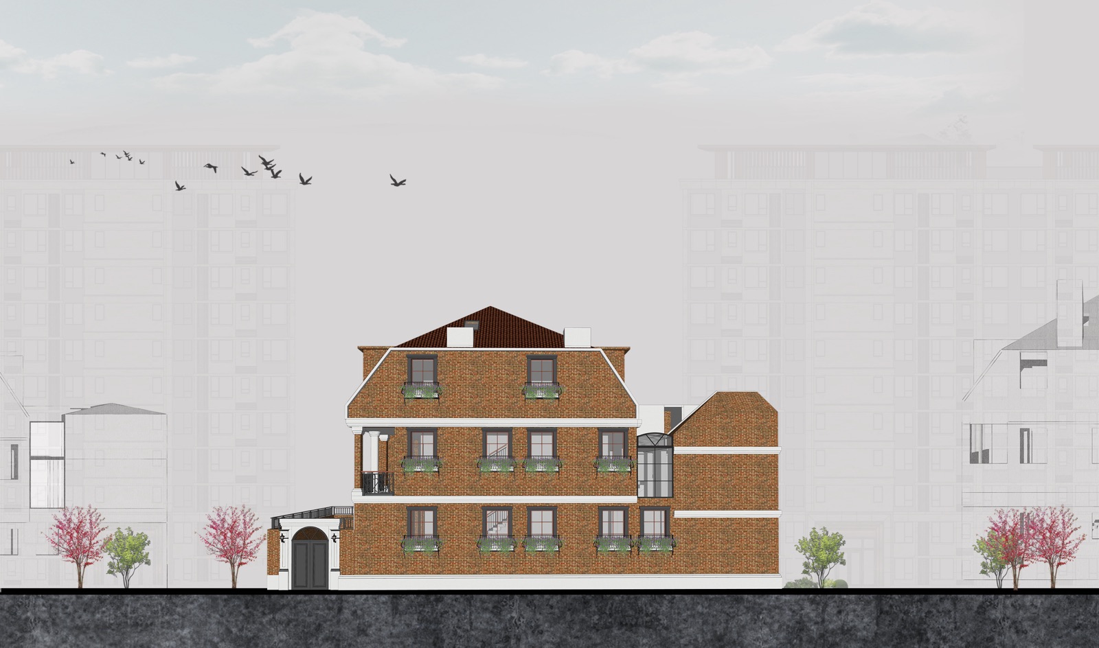 Street elevation of the restored villa against a rendered city backdrop