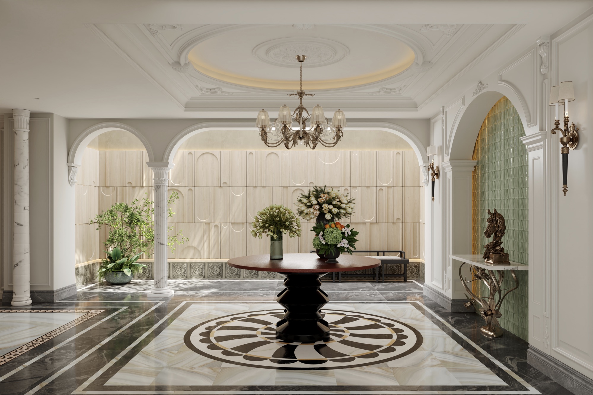 Lower hall with columned arches, sculpted ceiling medallion, bronze chandelier and radiating marble floor inlay