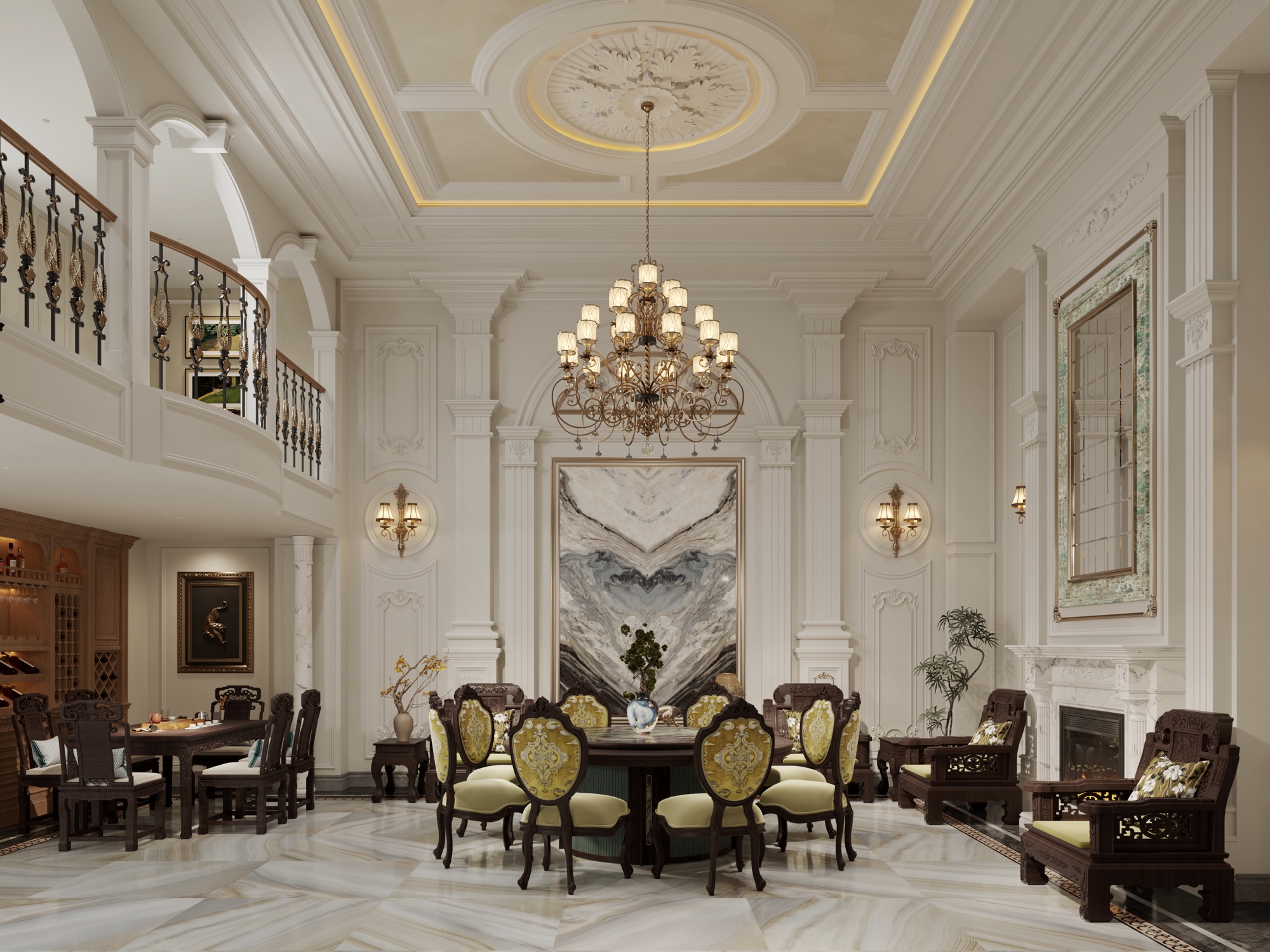 Double-height lower lounge with crystal chandelier, round family table, rosewood chairs and mezzanine balustrade