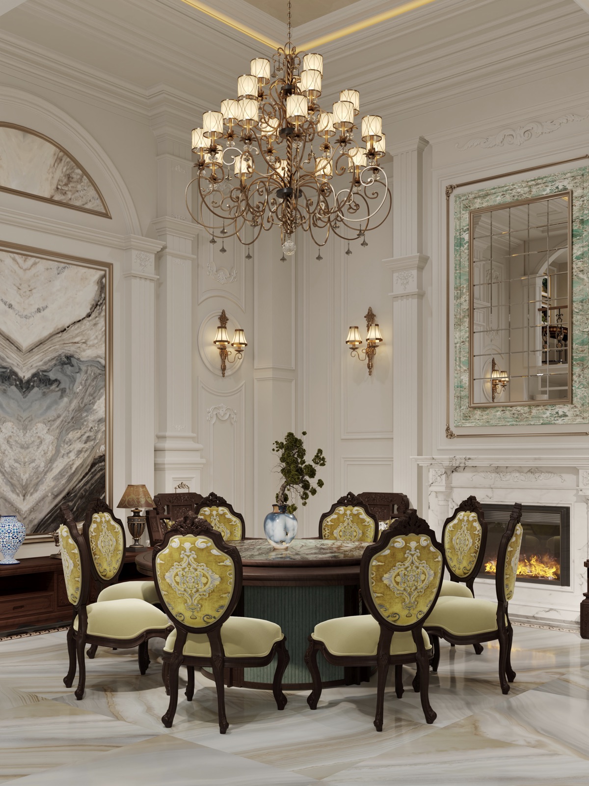 Vertical view of the lower lounge — mezzanine balustrade, crystal chandelier and veined marble floor