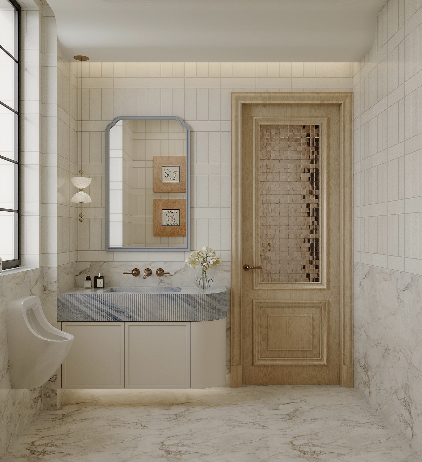 Guest bathroom with fluted marble basin, arched mirror and mosaic-glass door