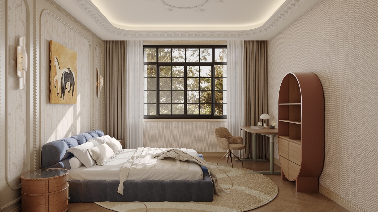 Bedroom with soft blue upholstered bed, cream relief panelling, black-framed window and terracotta oval cabinet