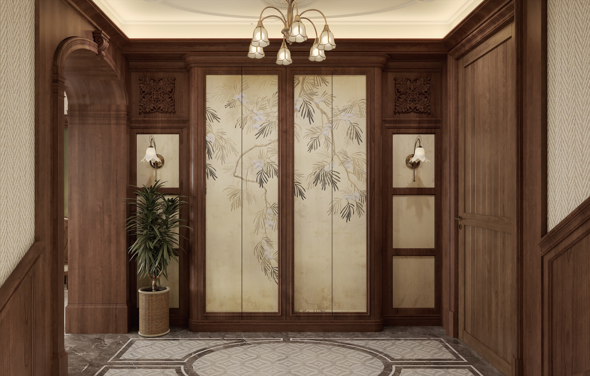 Haiyue Huangpu Court — foyer with carved walnut panelling and a hand-painted silk screen of ginkgo branches