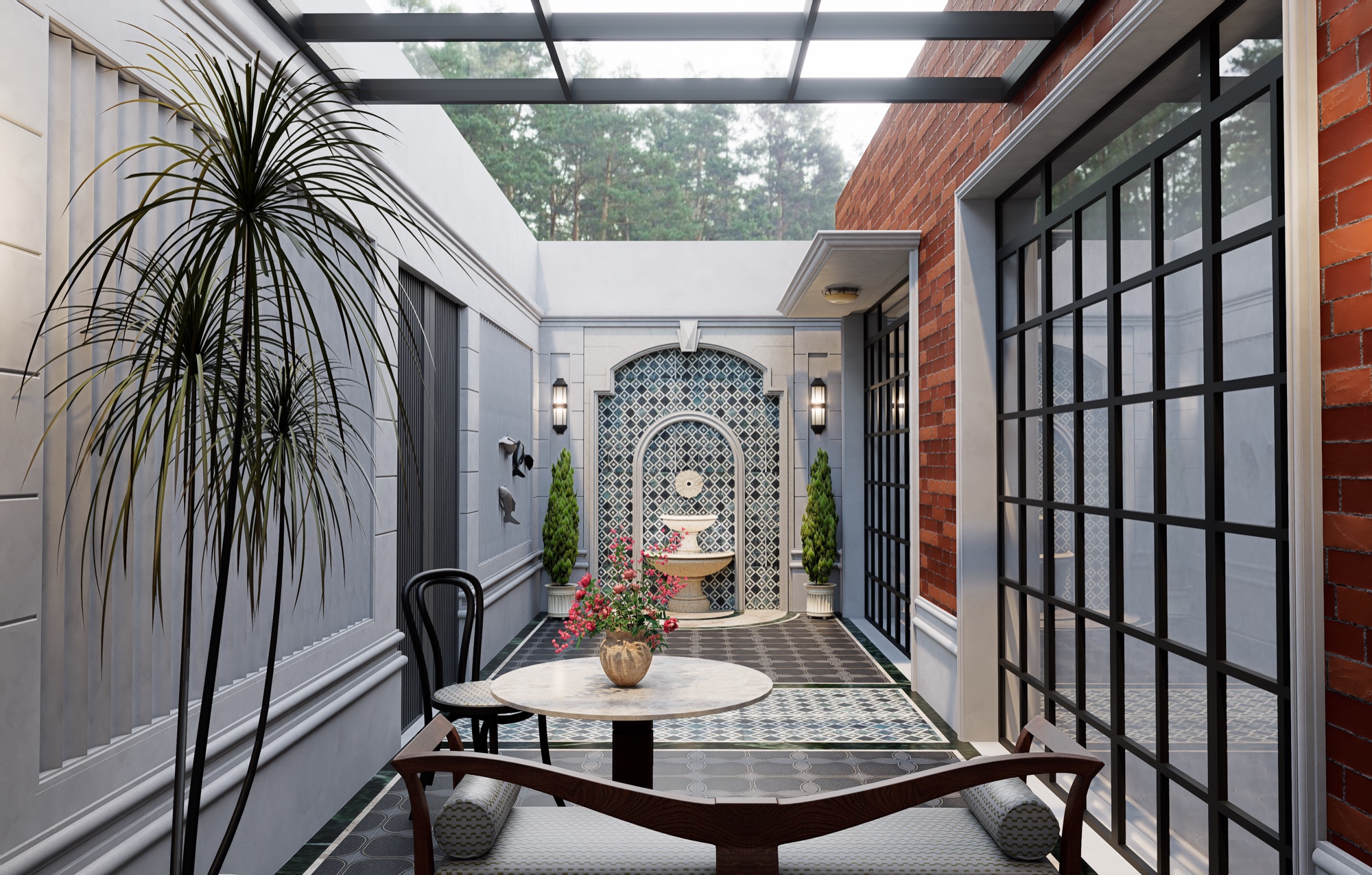 Internal courtyard with red brick wall, black-framed steel windows, mosaic fountain niche and bistro table under a glass canopy