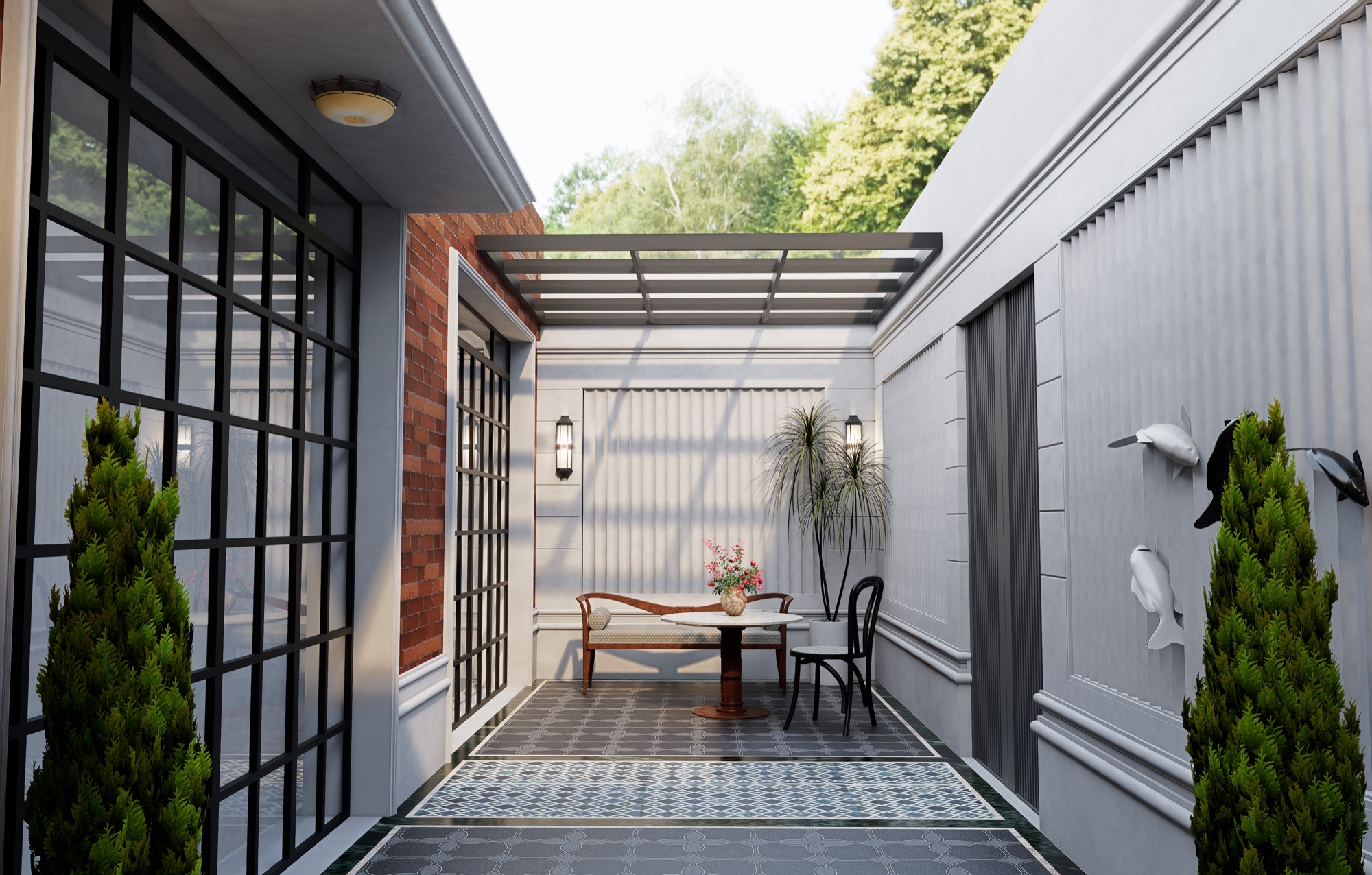 Side court under a steel pergola with bench, bistro table and clipped pines against ribbed white walls