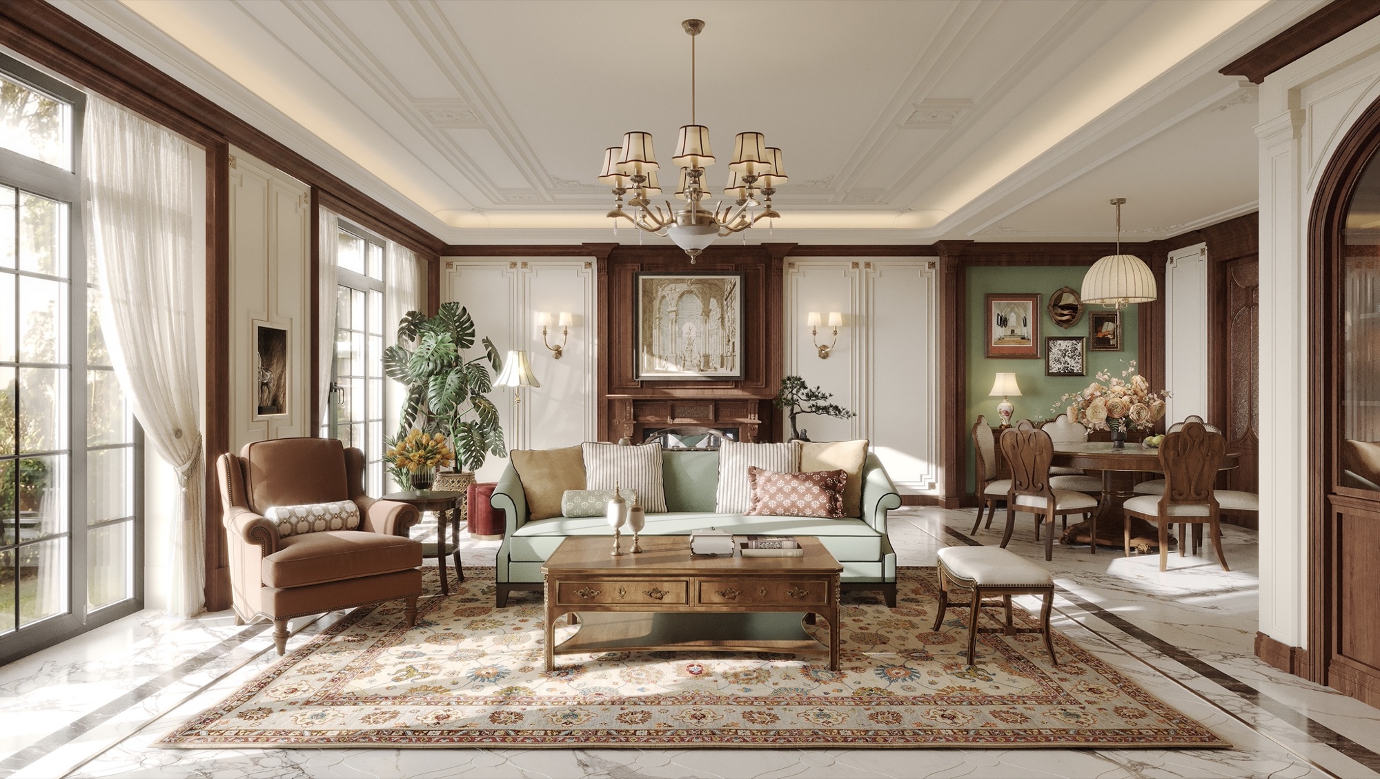 Living room in the English manor register — carved walnut panelling, sage-green sofa, leather wingback and oriental rug on marble