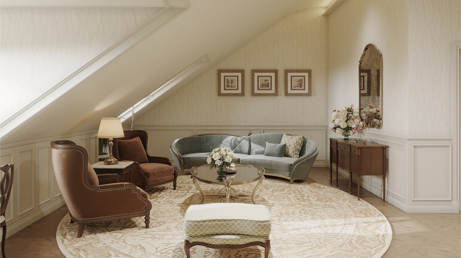 Attic lounge under a sloped ceiling with velvet armchairs, curved sage sofa and round rug