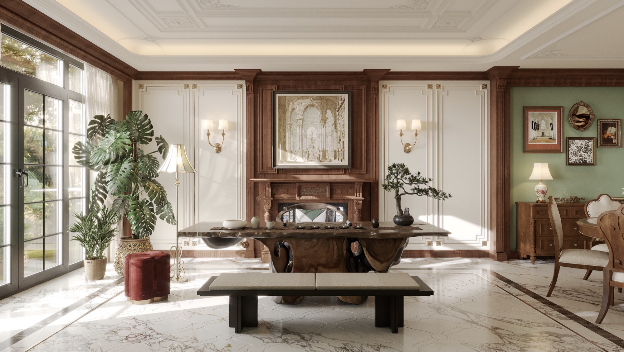 Tea room with a root-carved tea table before a carved timber fireplace, monstera plants and a green panelled wall