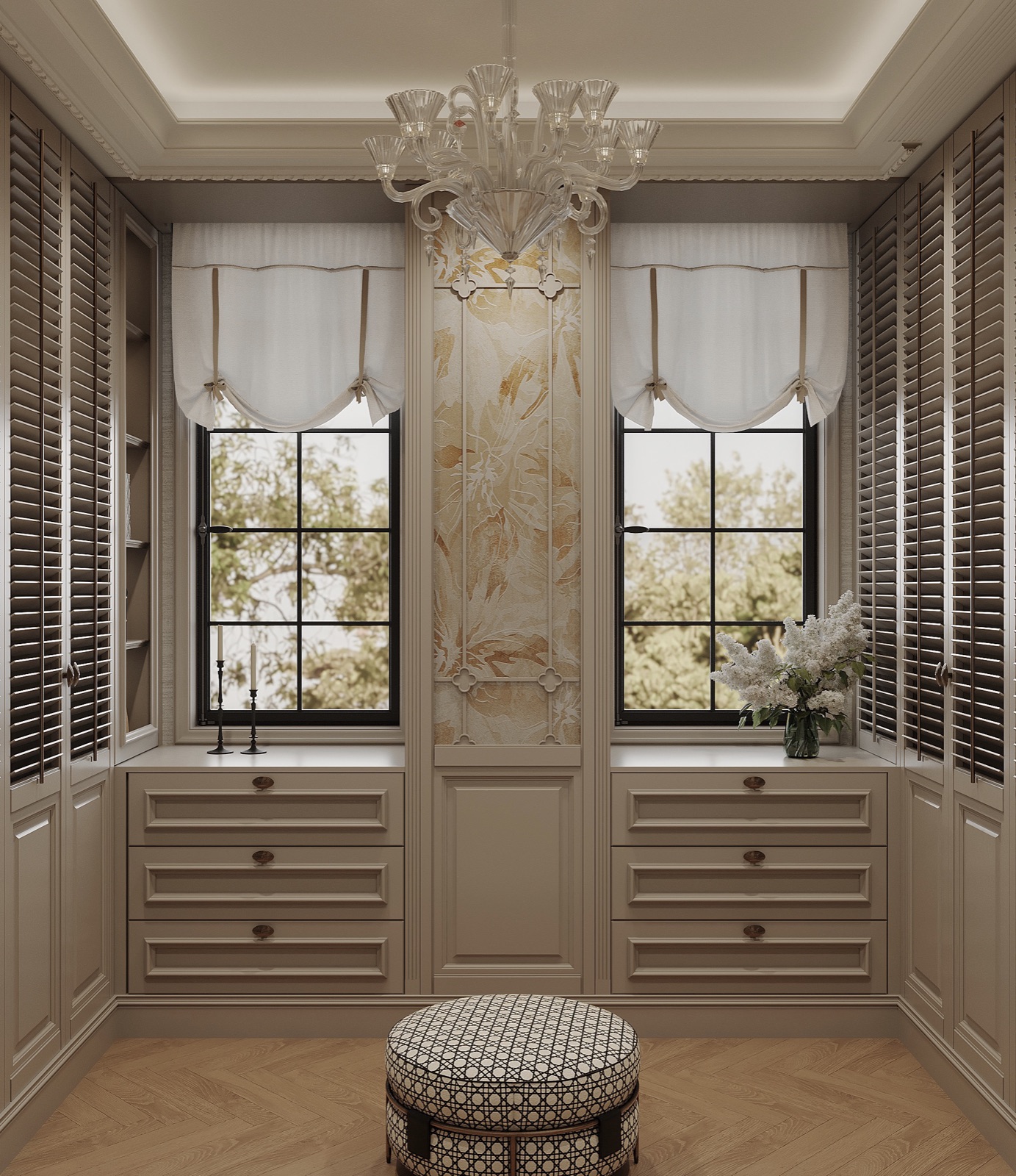 Dressing room with louvered walnut doors, damask panel, Murano chandelier and linen-café windows