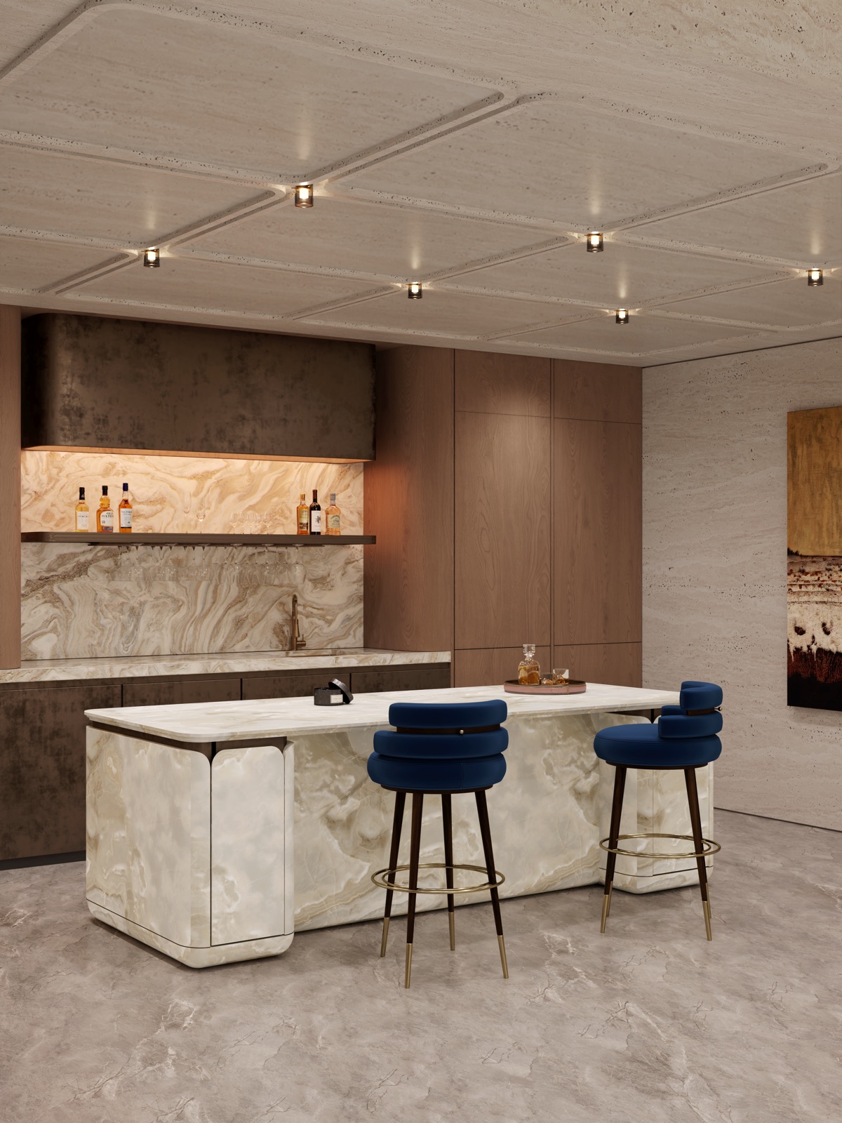 Basement bar with backlit onyx shelf, white onyx island, blue velvet stools and a bronze ceiling grid