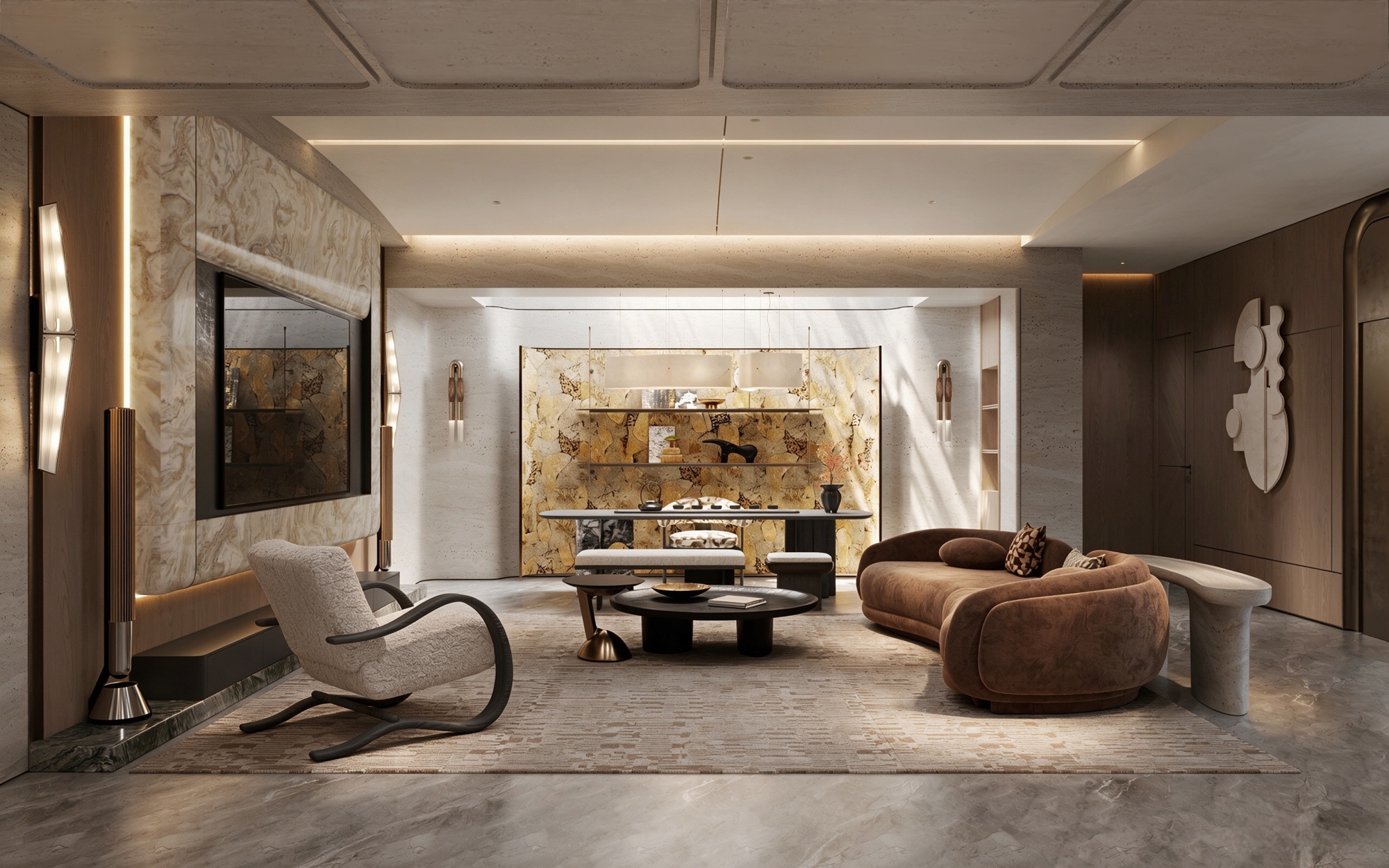 Lower lounge with amber onyx display wall, sculptural wall lights and a brown curved sofa on a grey marble floor