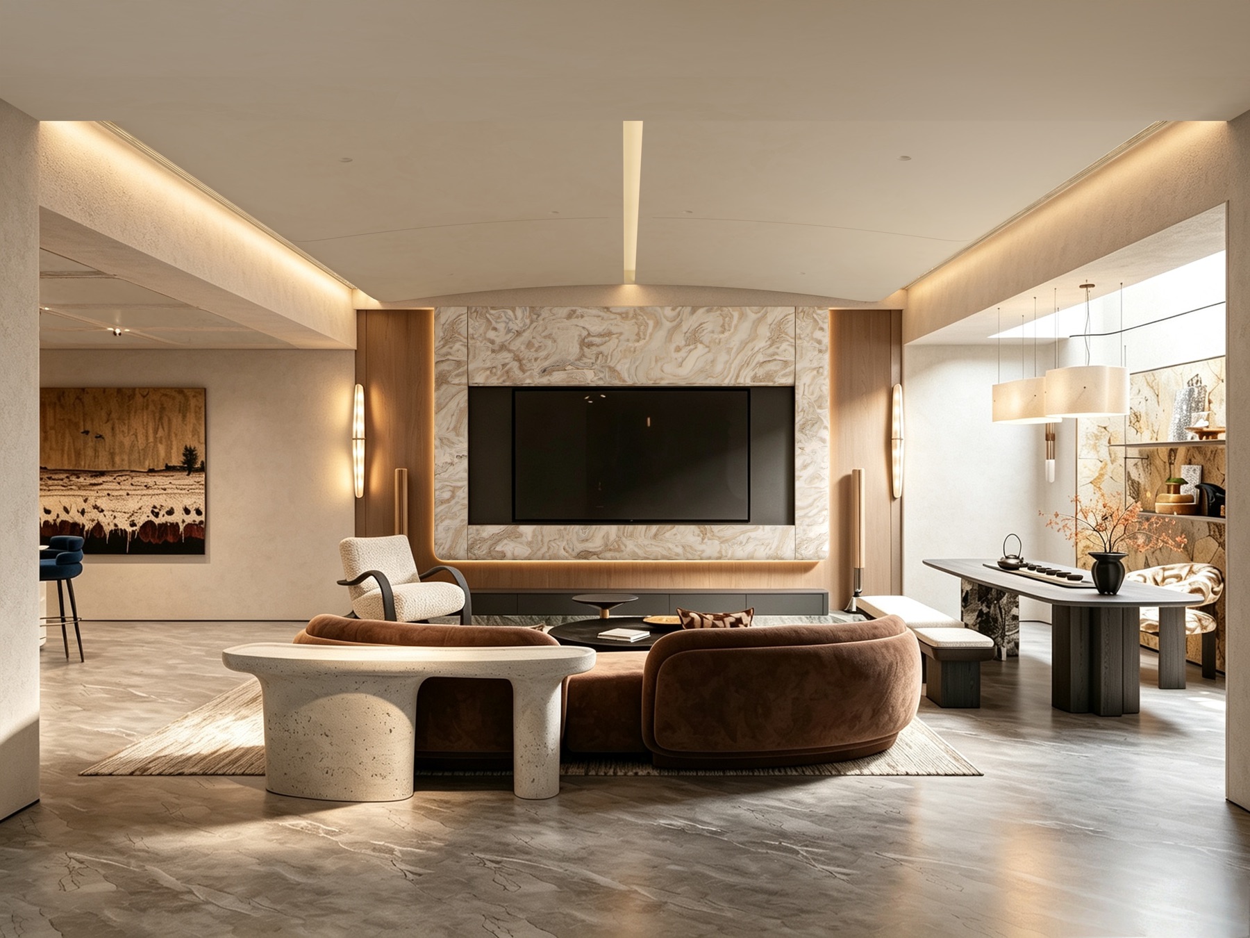 Lower media lounge with marble TV wall, brown curved sofa, terrazzo bench and dining nook