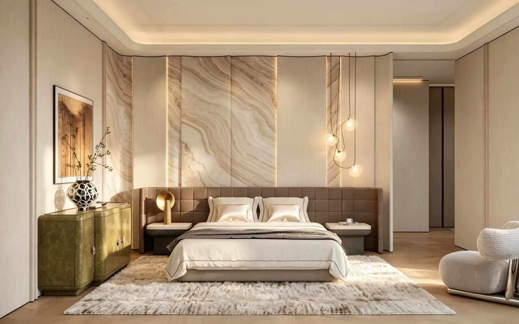 Bedroom with book-matched beige marble headboard wall, brown leather headboard, brass pendants and a malachite-green chest
