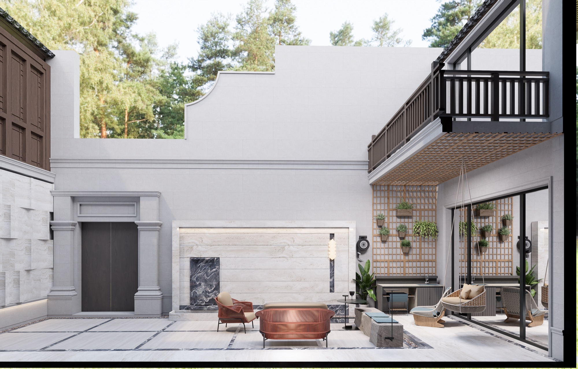 Hong'an Lane Villa — heritage courtyard with outdoor lounge and stone fireplace wall