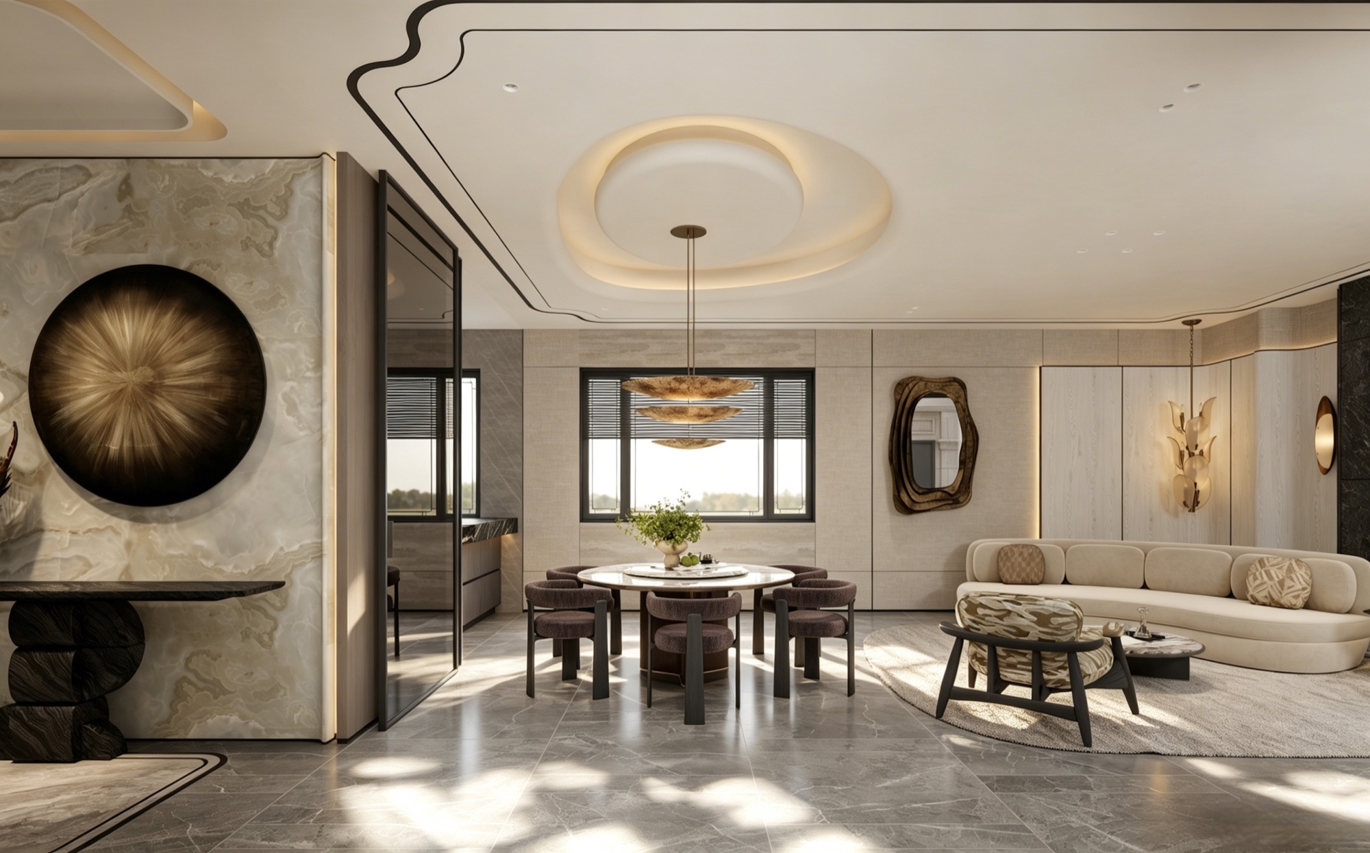 Dining room with round family table, sculptural bronze pendant, ring cove ceiling and onyx disc wall art