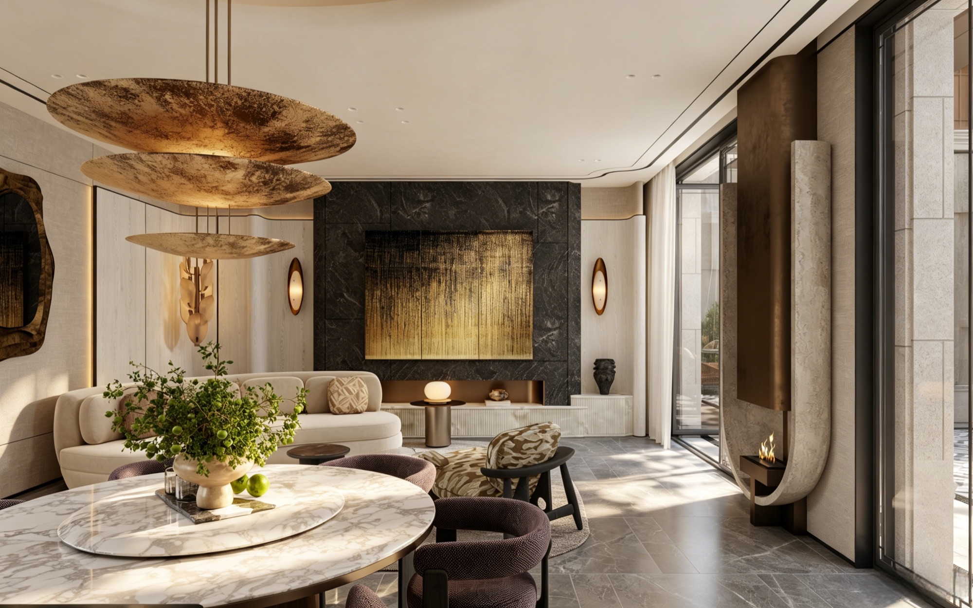 Living room with layered mottled-bronze disc chandeliers, cream curved sofa, black marble wall with a gold-vein panel and a round marble dining table