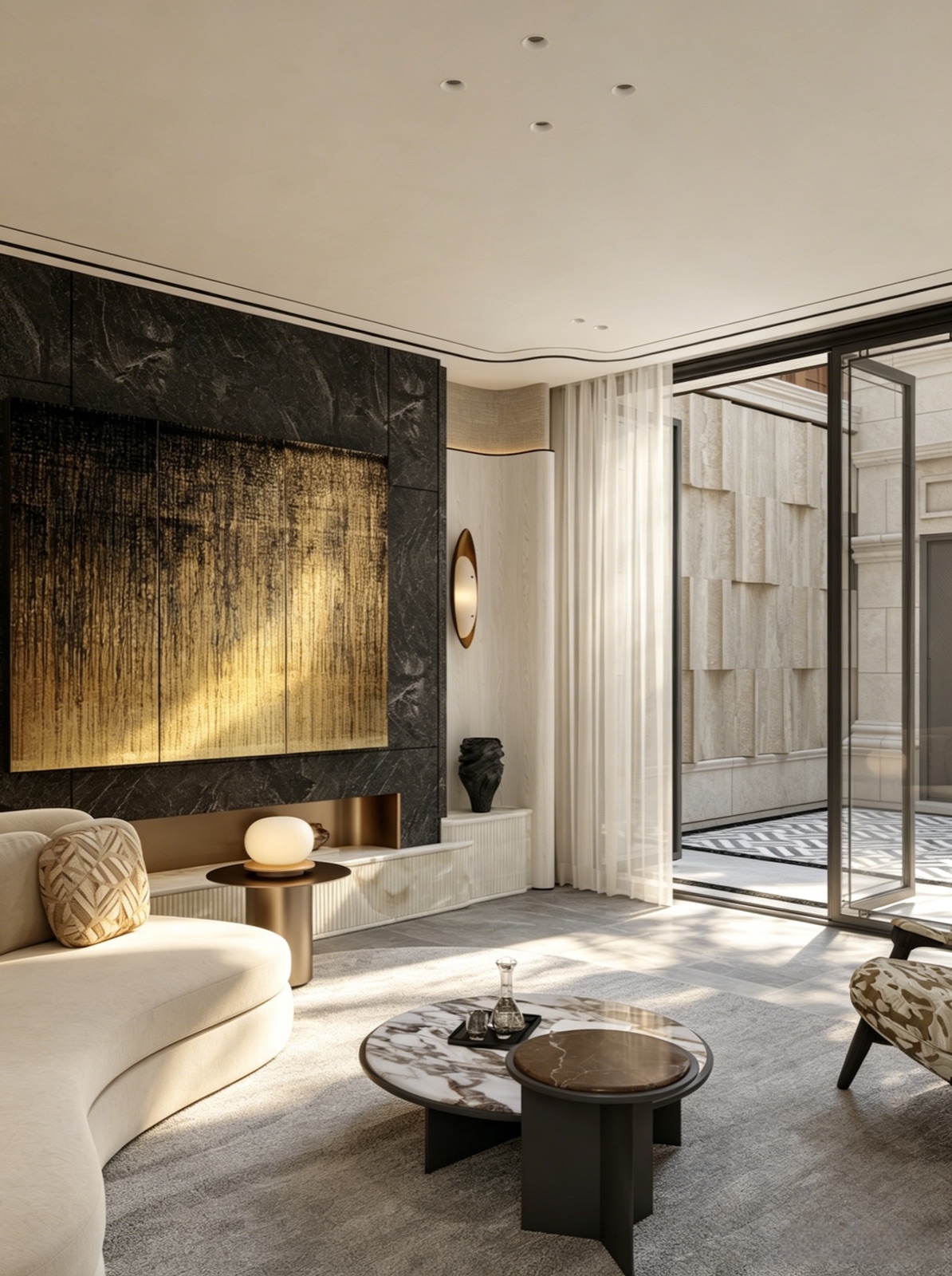 Living room corner with black marble fireplace wall, gold-leaf art panel, curved cream sofa and marble coffee tables