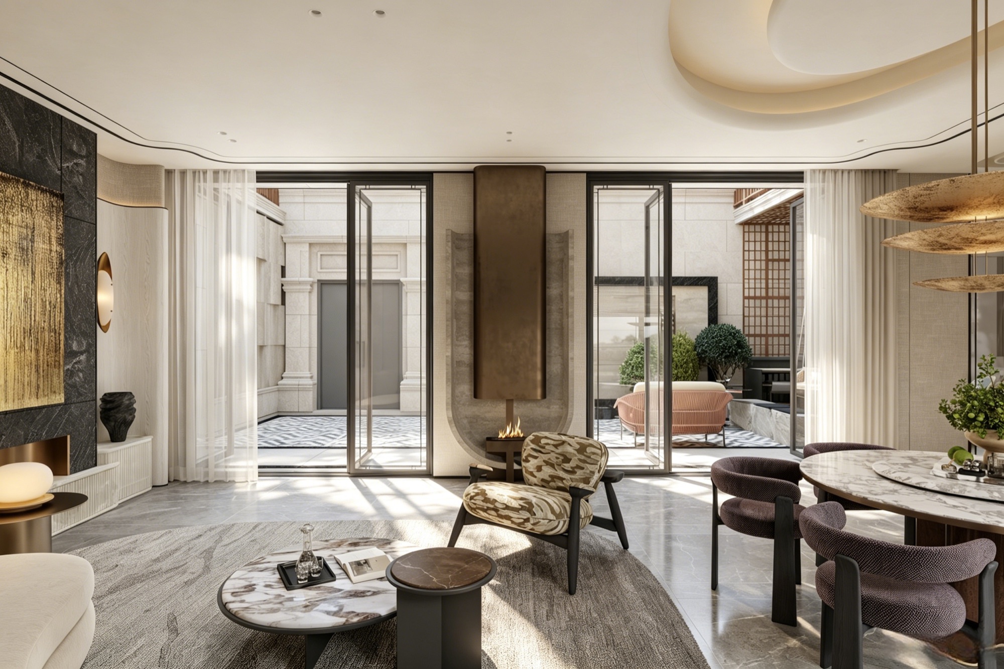 Open living-dining space with rounded plaster fireplace, full-height glazing and a view into the paved courtyard