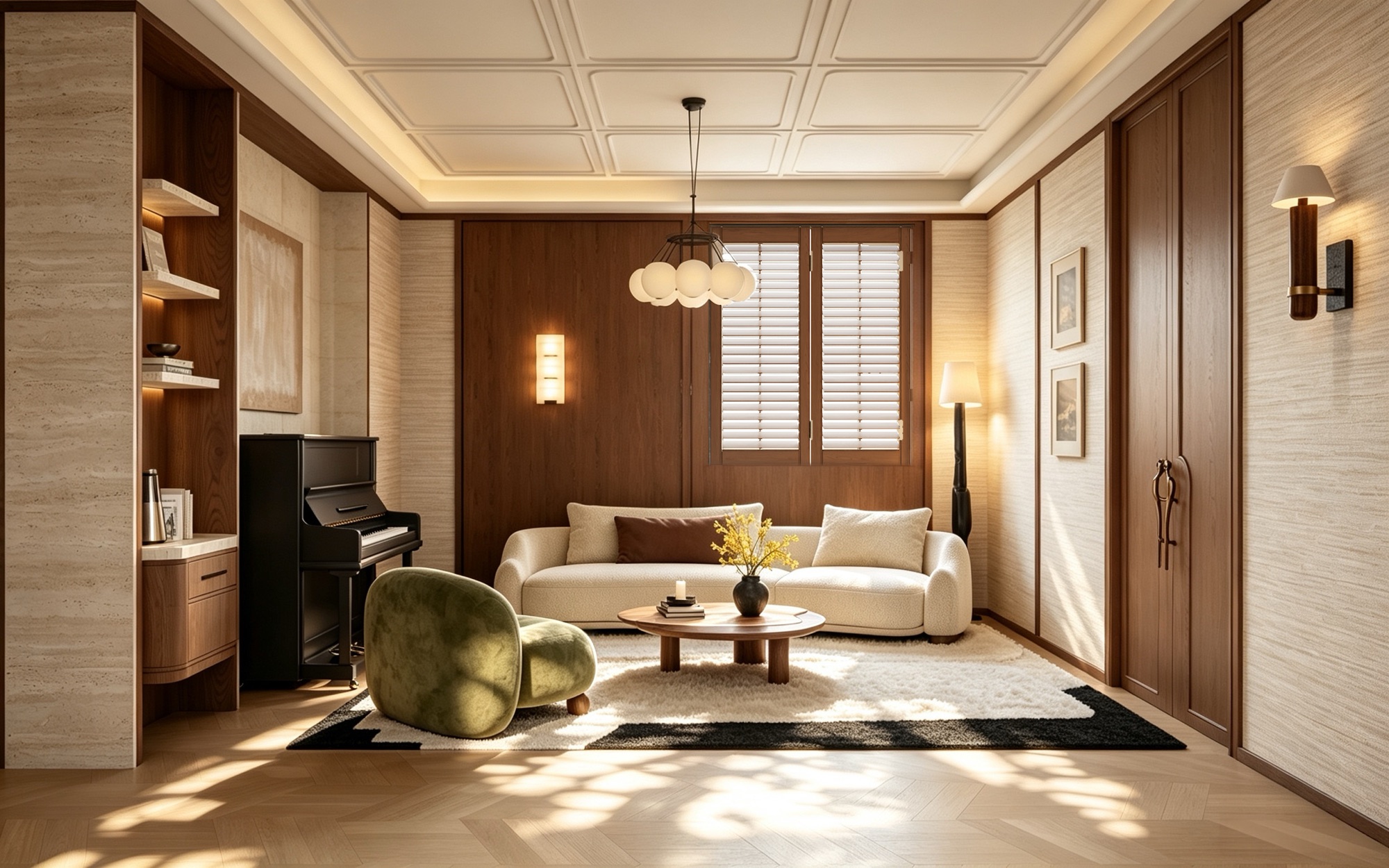 Upper-floor lounge with walnut panelling, coffered ceiling, upright piano, green velvet armchair and white sofa