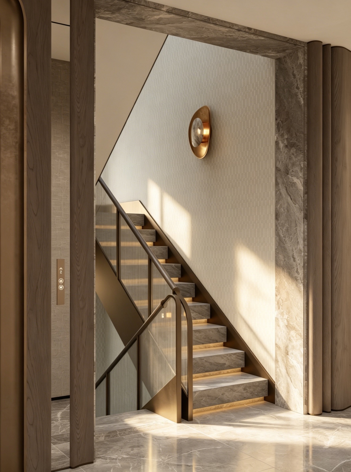 Stair with bronze-and-glass balustrade, marble treads with a lit riser strip and a bronze sconce, framed by a timber portal