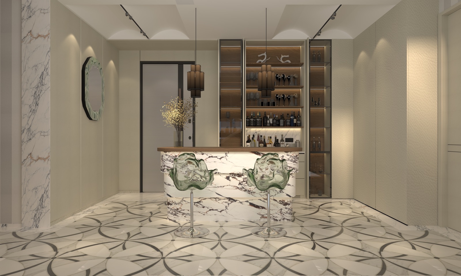 Backlit marble bar with jade glass stools and display shelving