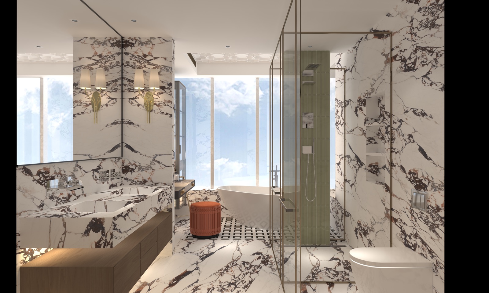 Bathroom in dramatic calacatta viola marble with freestanding tub beneath the window