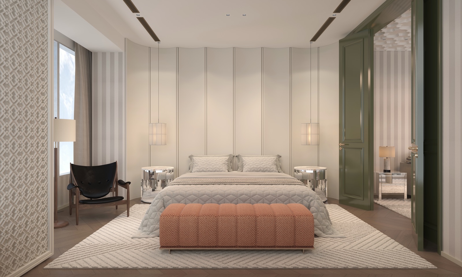 Bedroom with panelled headboard wall, terracotta bench and olive-green door