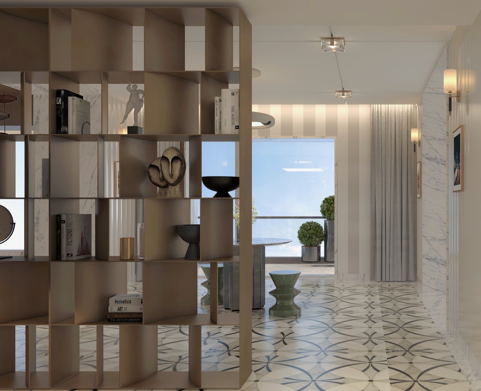 Living room entrance framed by a champagne metal shelving screen over inlaid stone tiles