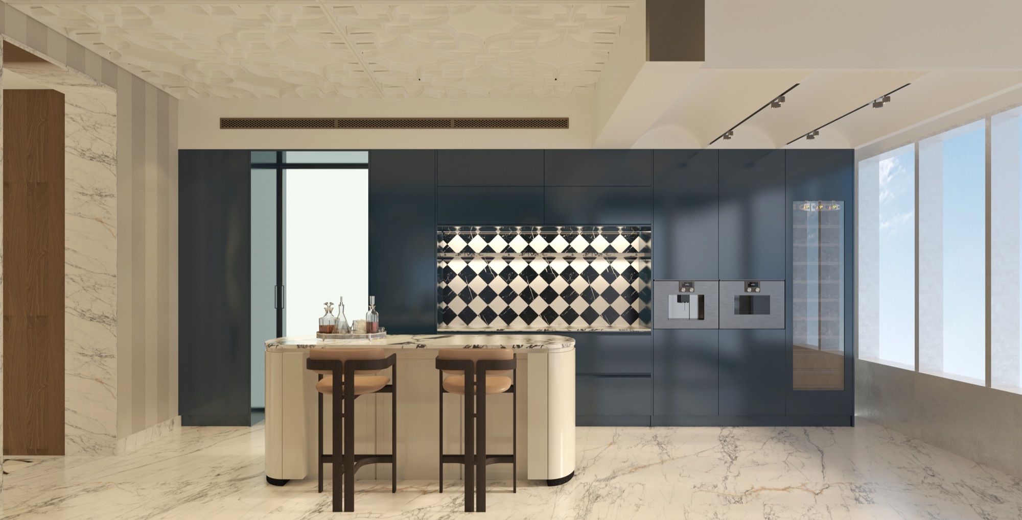 Kitchen with cobalt cabinetry, harlequin marble splashback and curved island