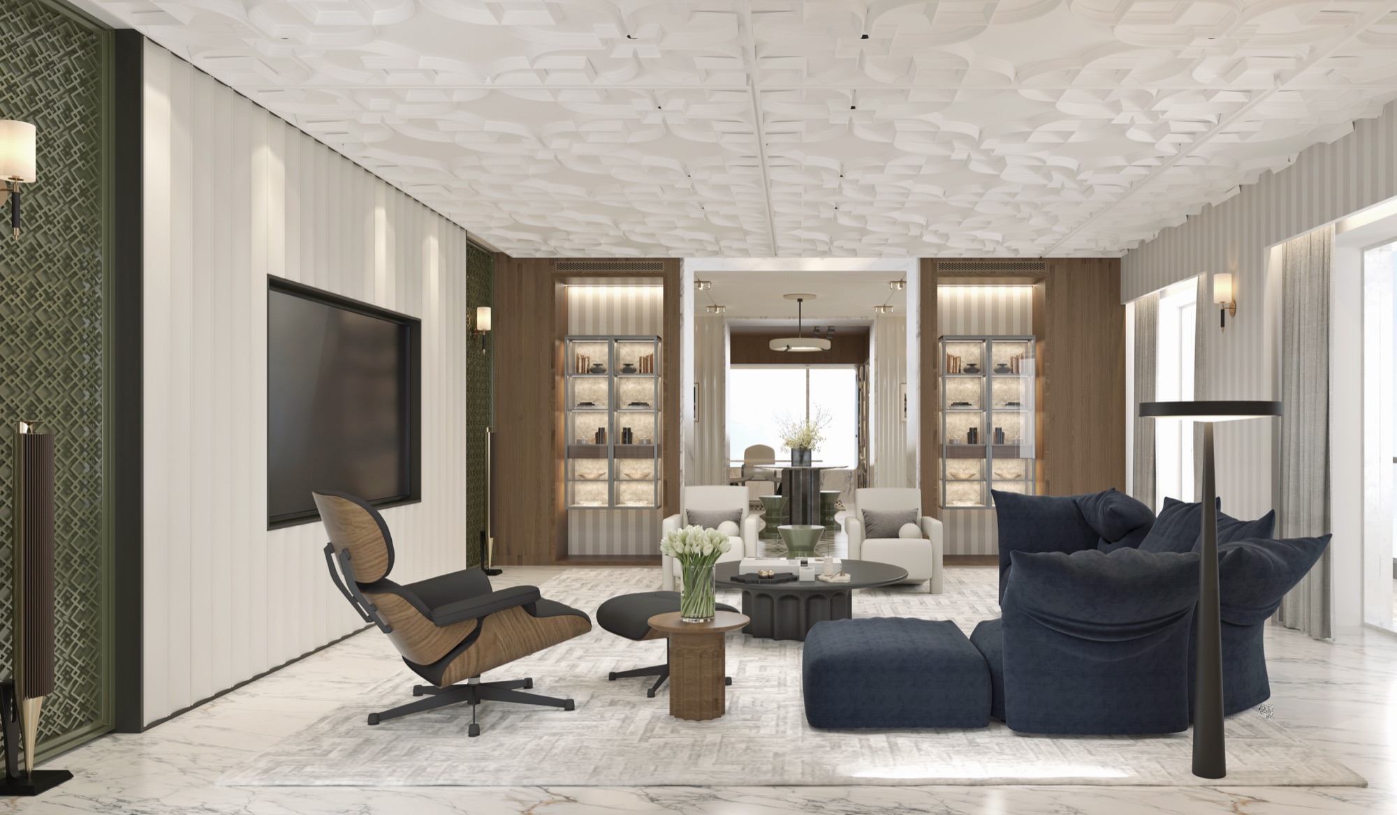 Living room with navy lounge group, sculpted plaster cloud ceiling and backlit display cabinets