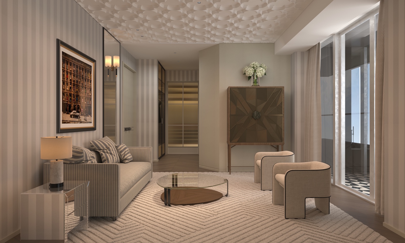Family lounge with ribbed wall panels, cloud-relief ceiling and cream upholstered seating