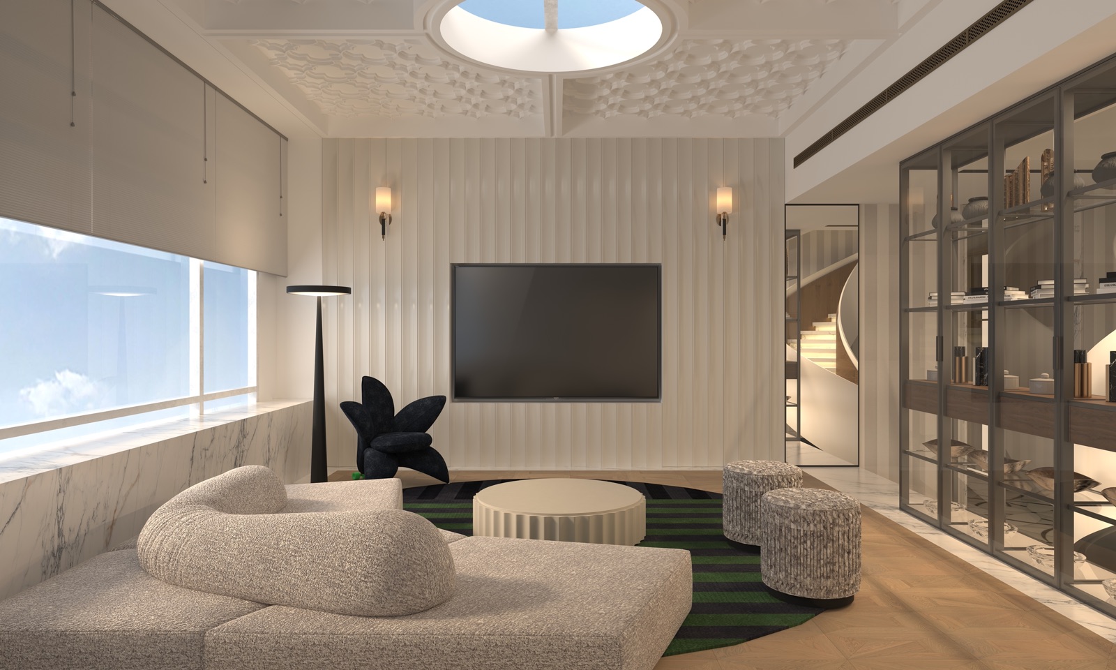 Huangpu Bay Residence — upper-floor lounge with round skylight, curved display cabinet and inner stair