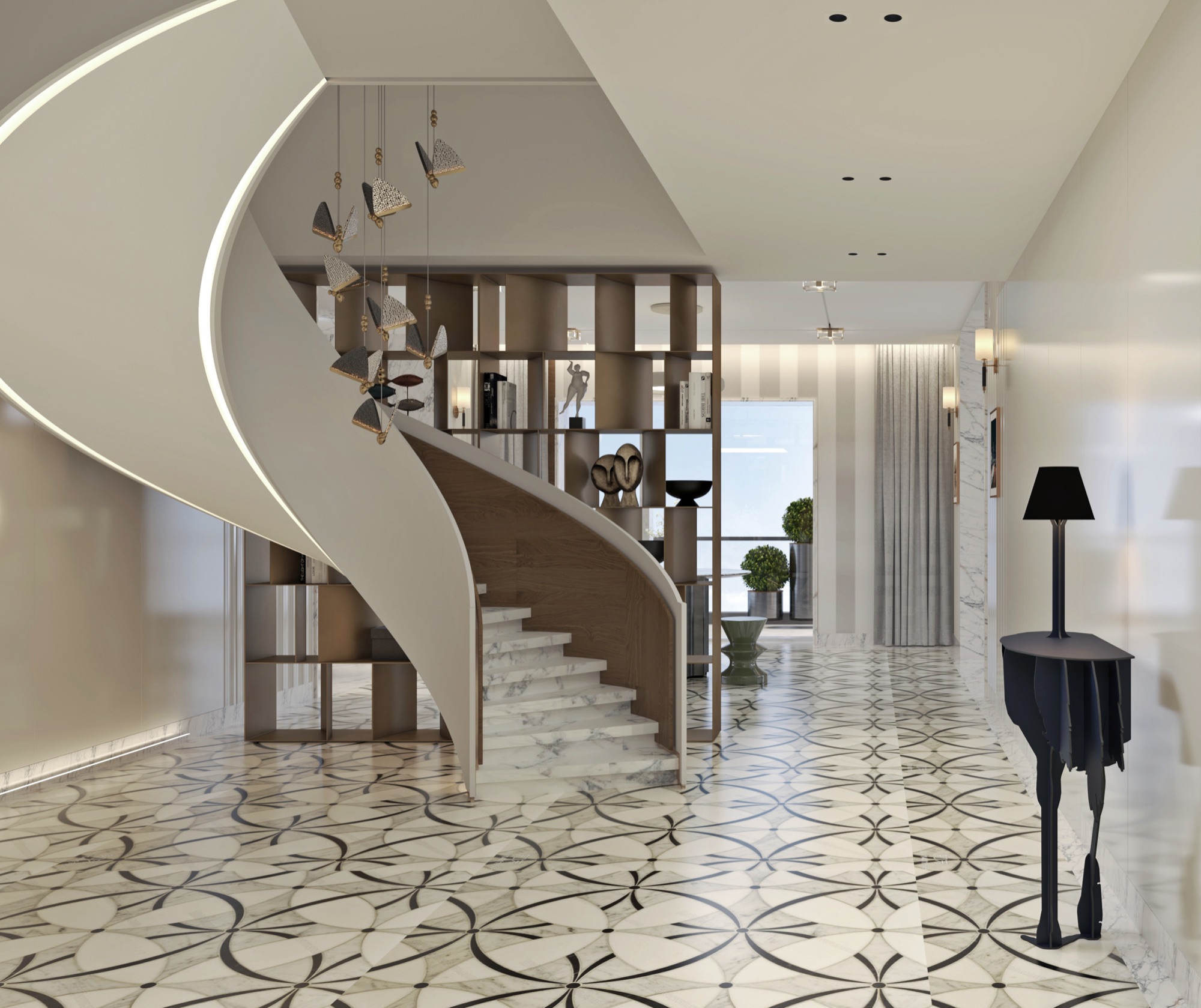 Curved staircase with marble treads, lit ribbon handrail and sculptural pendant over patterned stone floor