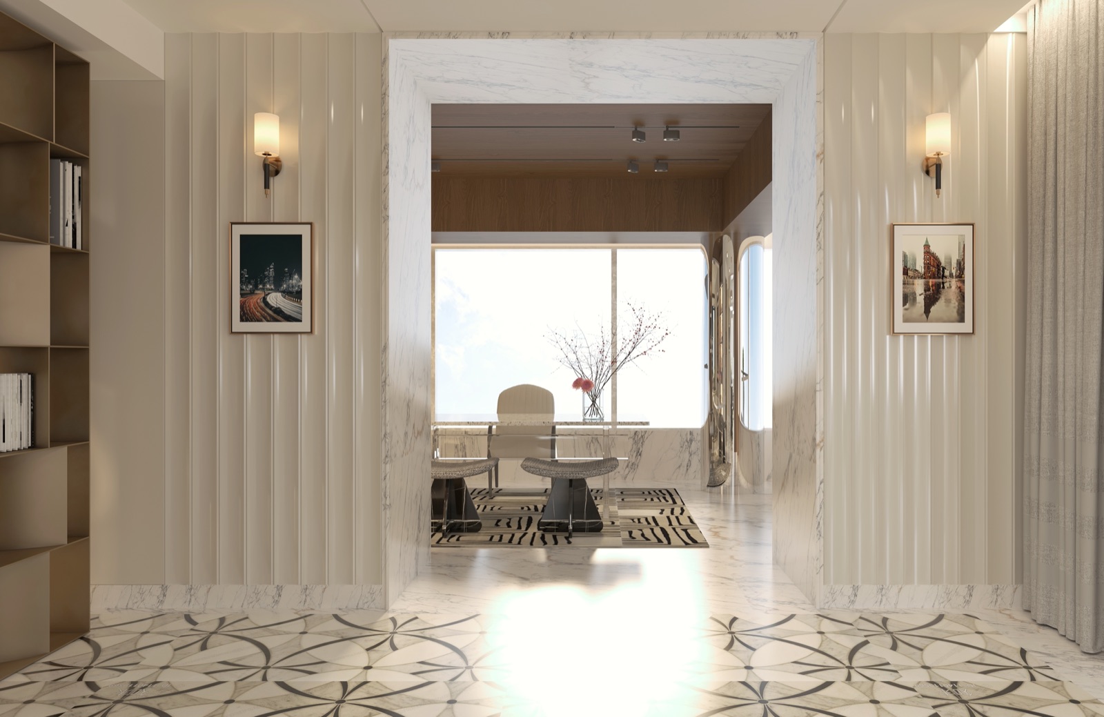 Study opening through a full-height marble portal with desk by the window