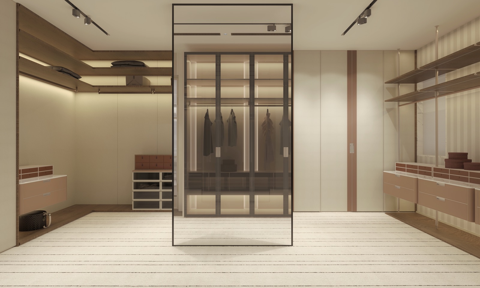 Walk-in wardrobe with glass display cabinet, leather-lined drawers and linear lighting