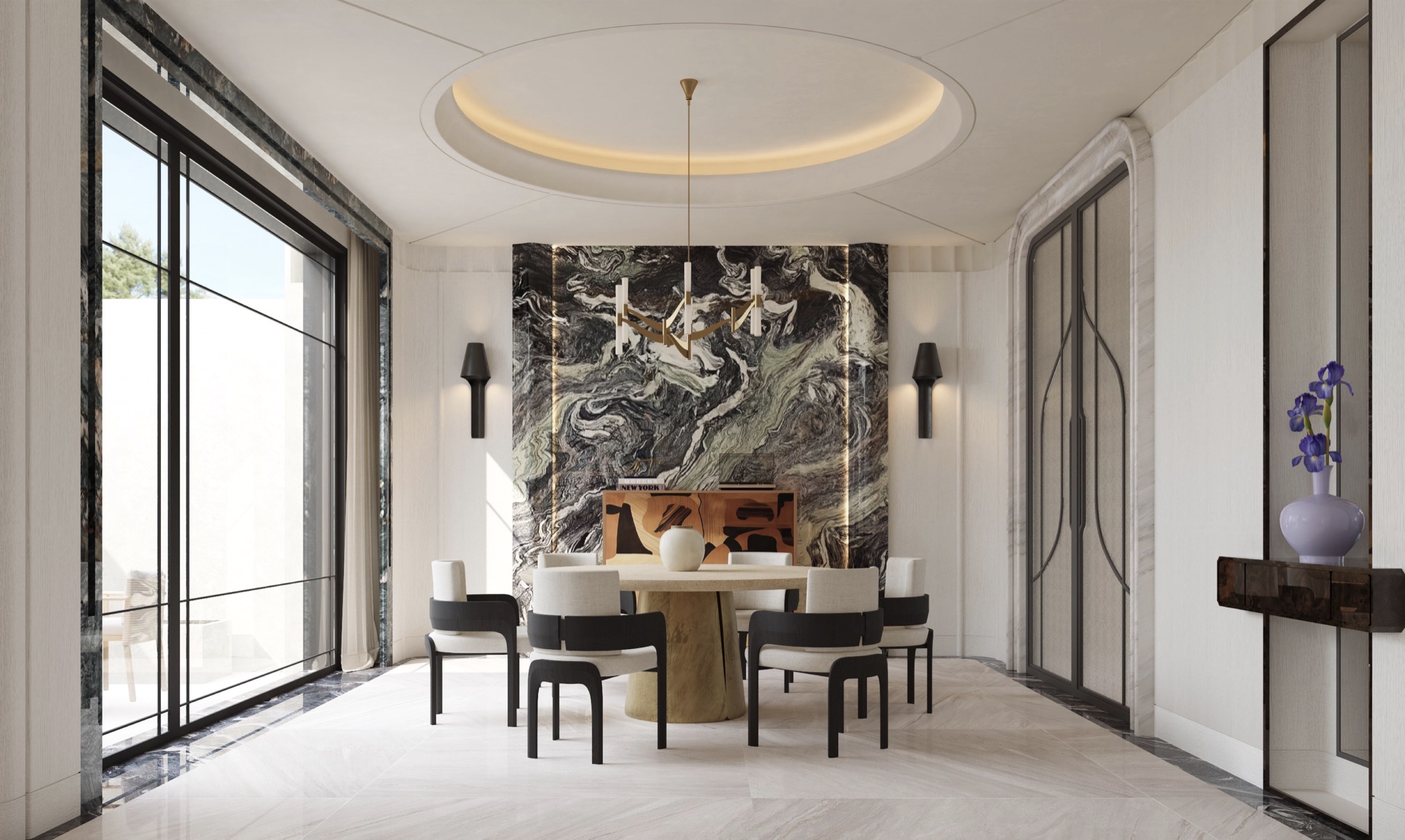 Dining room with full-height black-veined marble feature wall